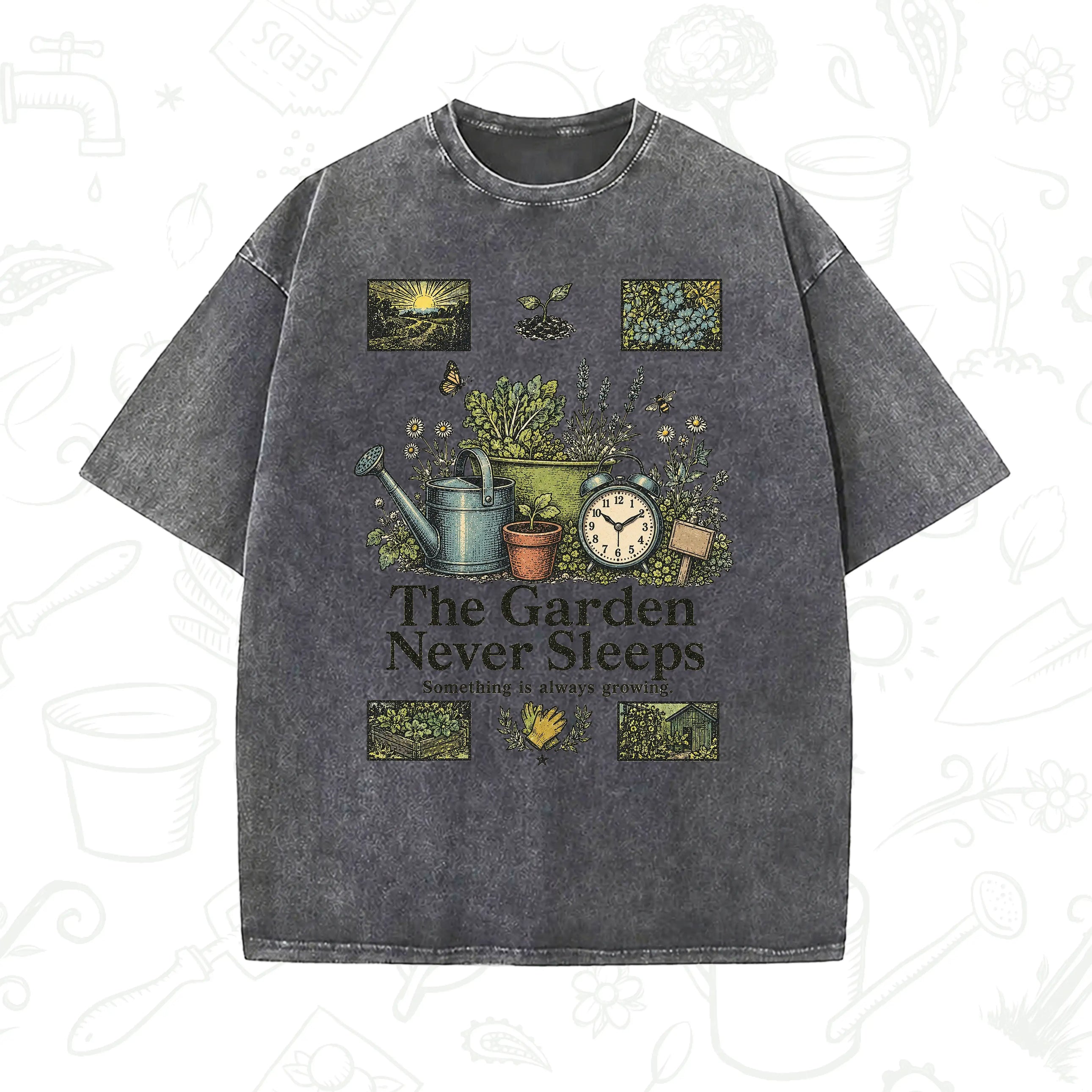 The Garden Never Sleeps T-Shirt – Vintage Gardening Graphic Tee
