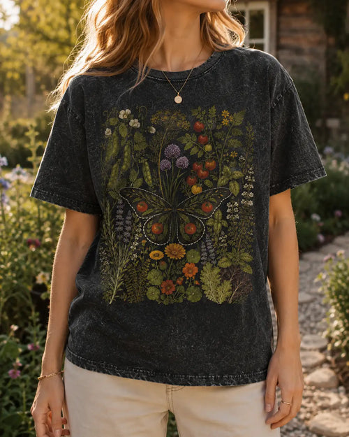 Vintage Botanical Butterfly T-Shirt – Wildflower Garden Lover Wash Tee