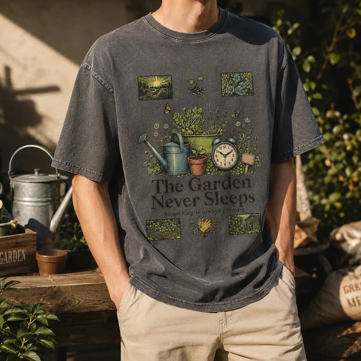 The Garden Never Sleeps T-Shirt – Vintage Gardening Graphic Tee