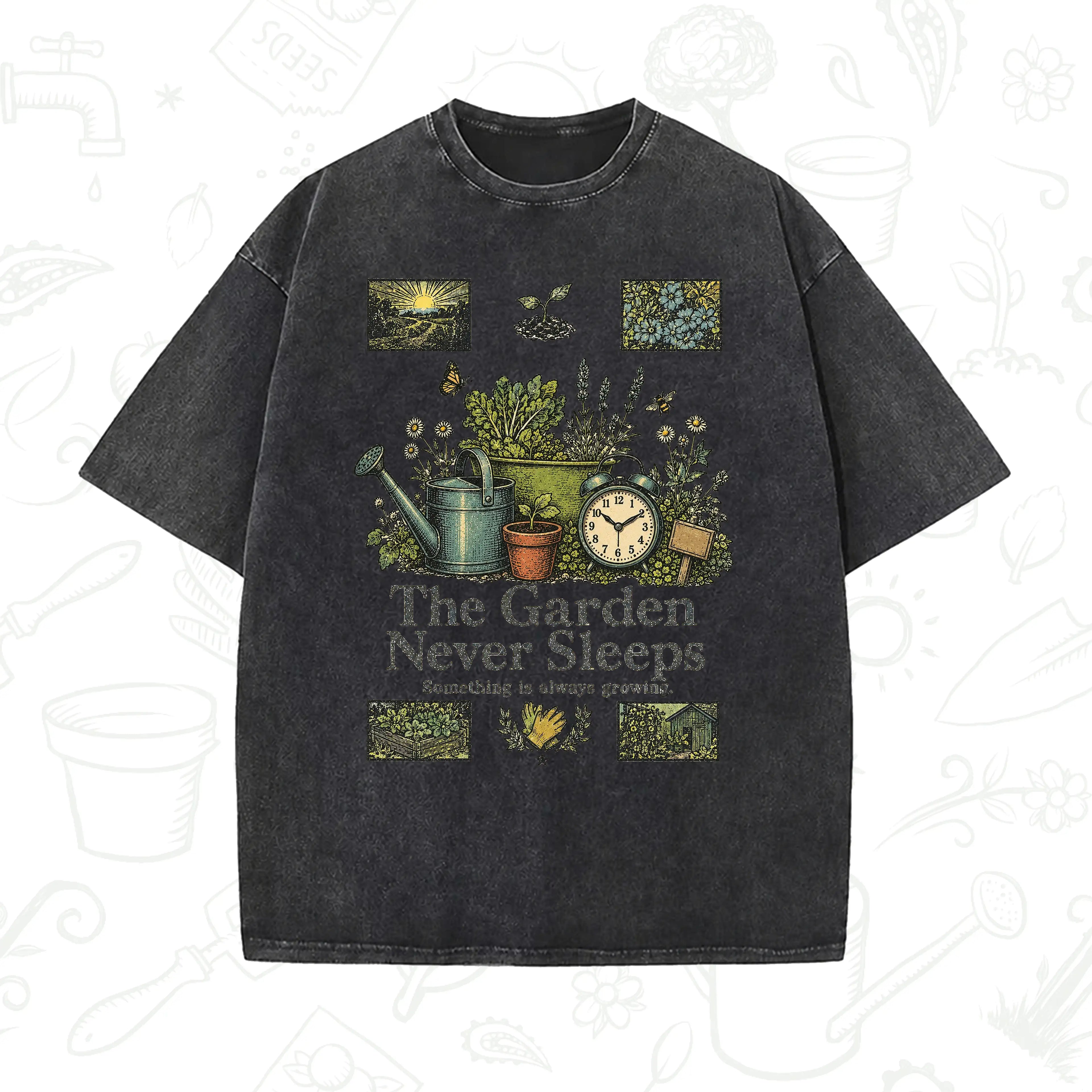 The Garden Never Sleeps T-Shirt – Vintage Gardening Graphic Tee