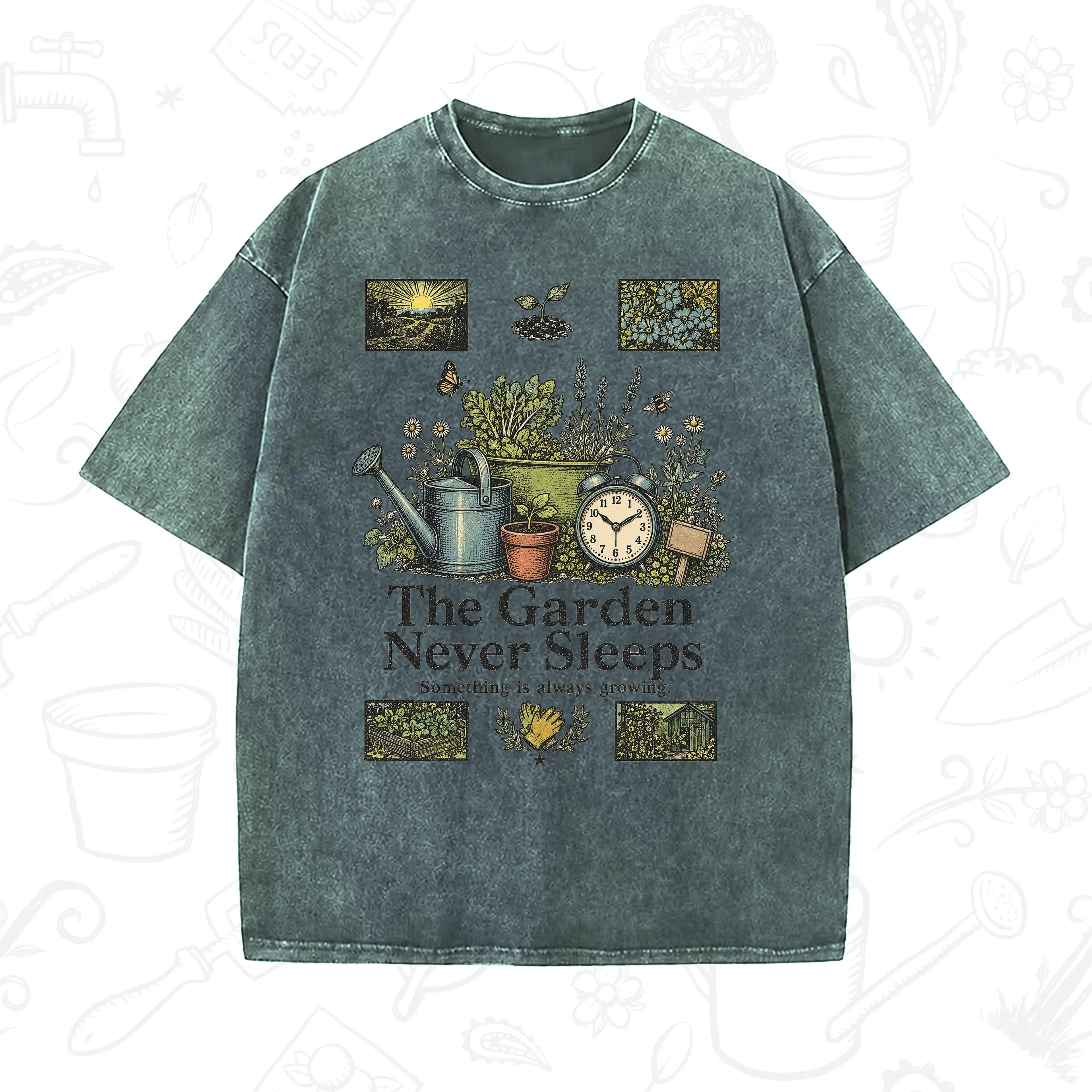 The Garden Never Sleeps T-Shirt – Vintage Gardening Graphic Tee