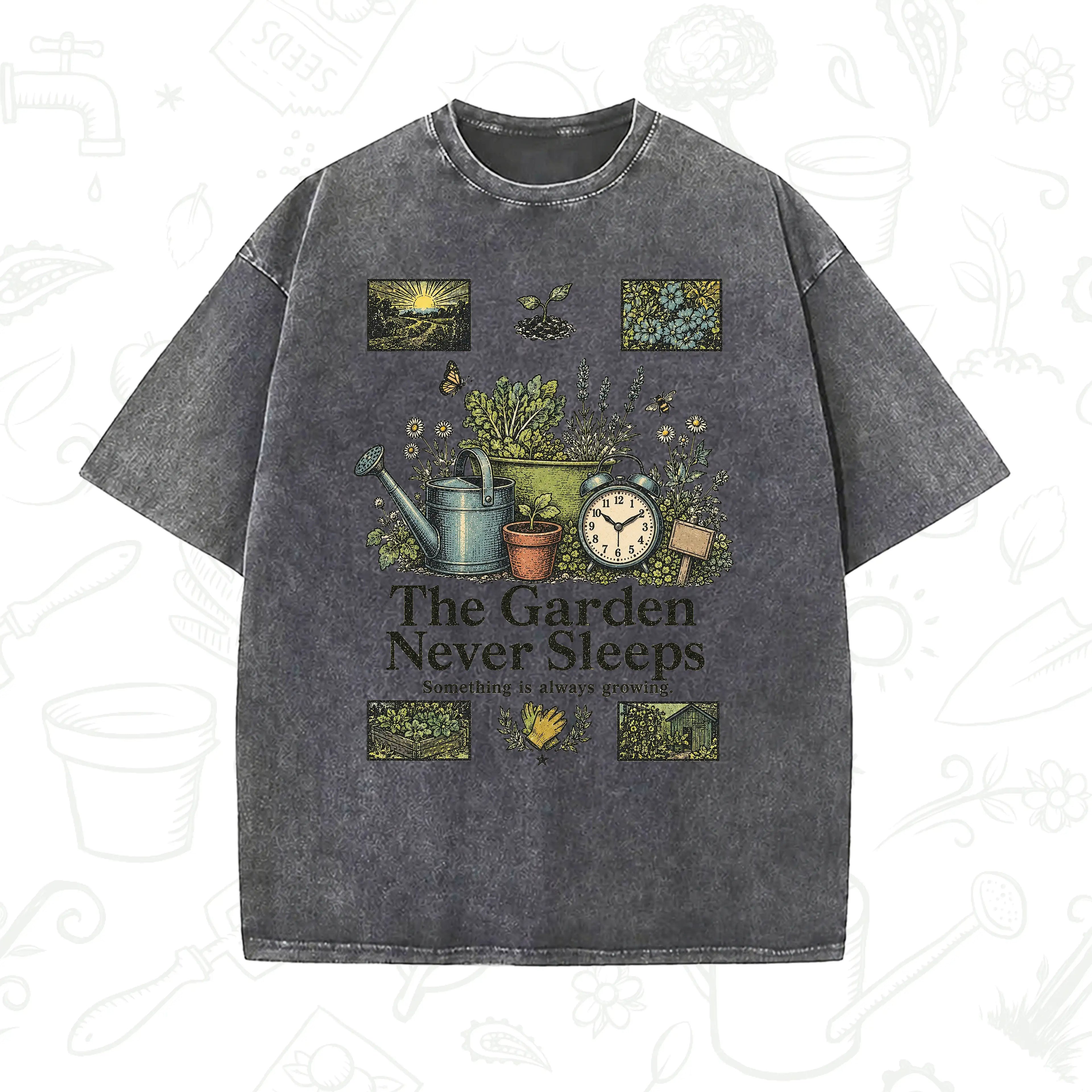 The Garden Never Sleeps T-Shirt – Vintage Gardening Graphic Tee