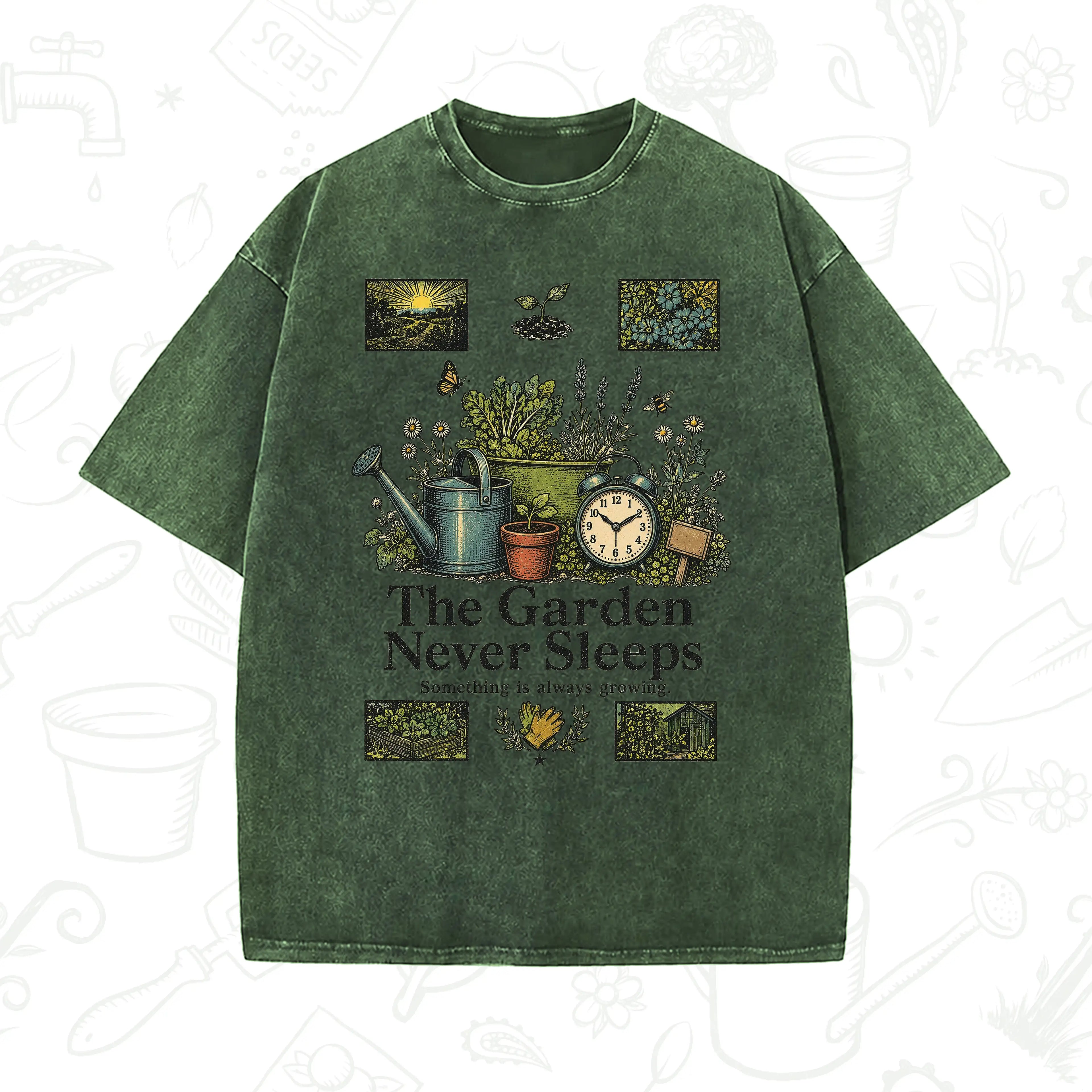 The Garden Never Sleeps T-Shirt – Vintage Gardening Graphic Tee