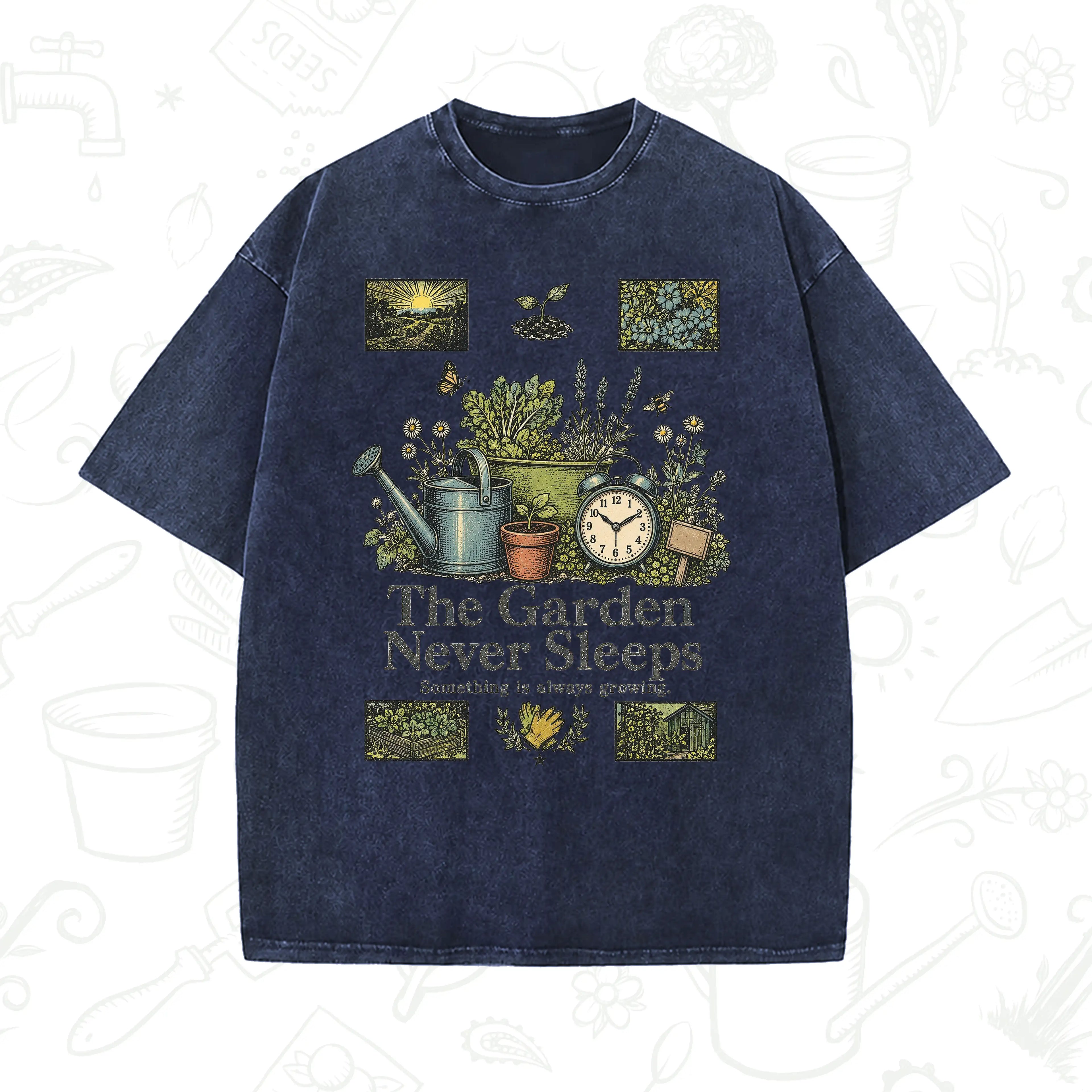 The Garden Never Sleeps T-Shirt – Vintage Gardening Graphic Tee