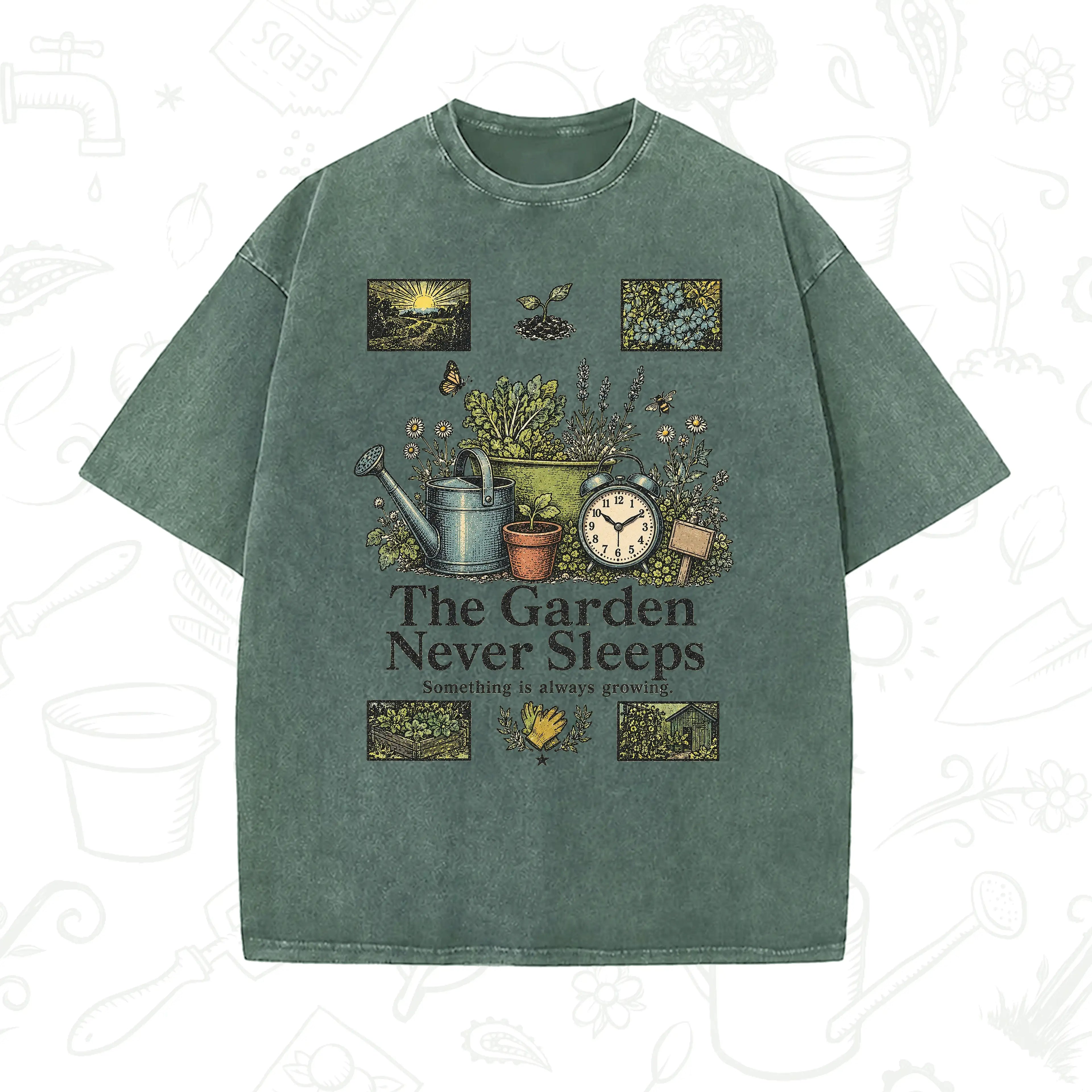 The Garden Never Sleeps T-Shirt – Vintage Gardening Graphic Tee