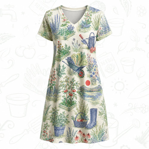 Botanical Garden V-Neck Dress – Floral Gardening Print Day Dress