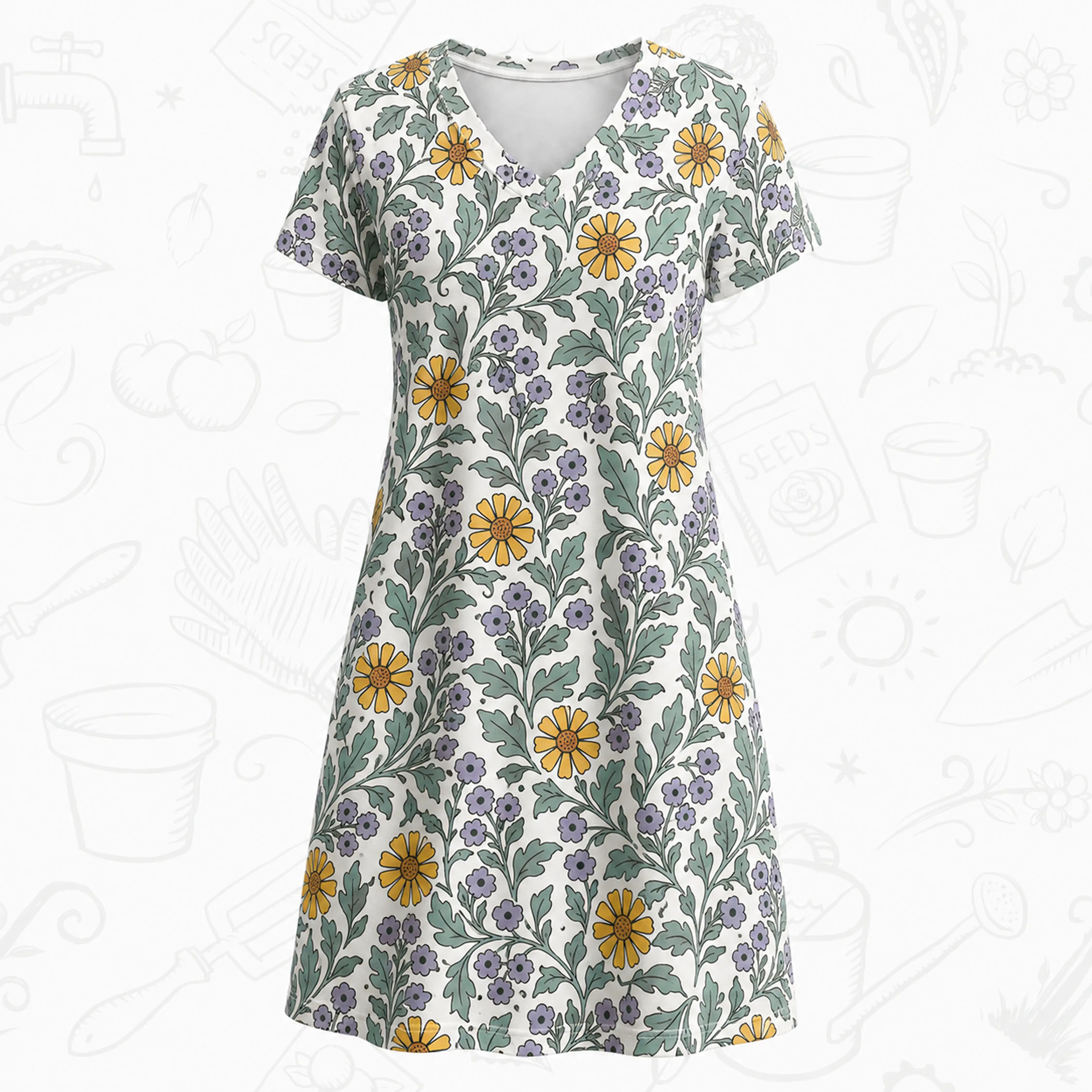 Botanical Garden V-Neck Dress – Floral Gardening Print Day Dress
