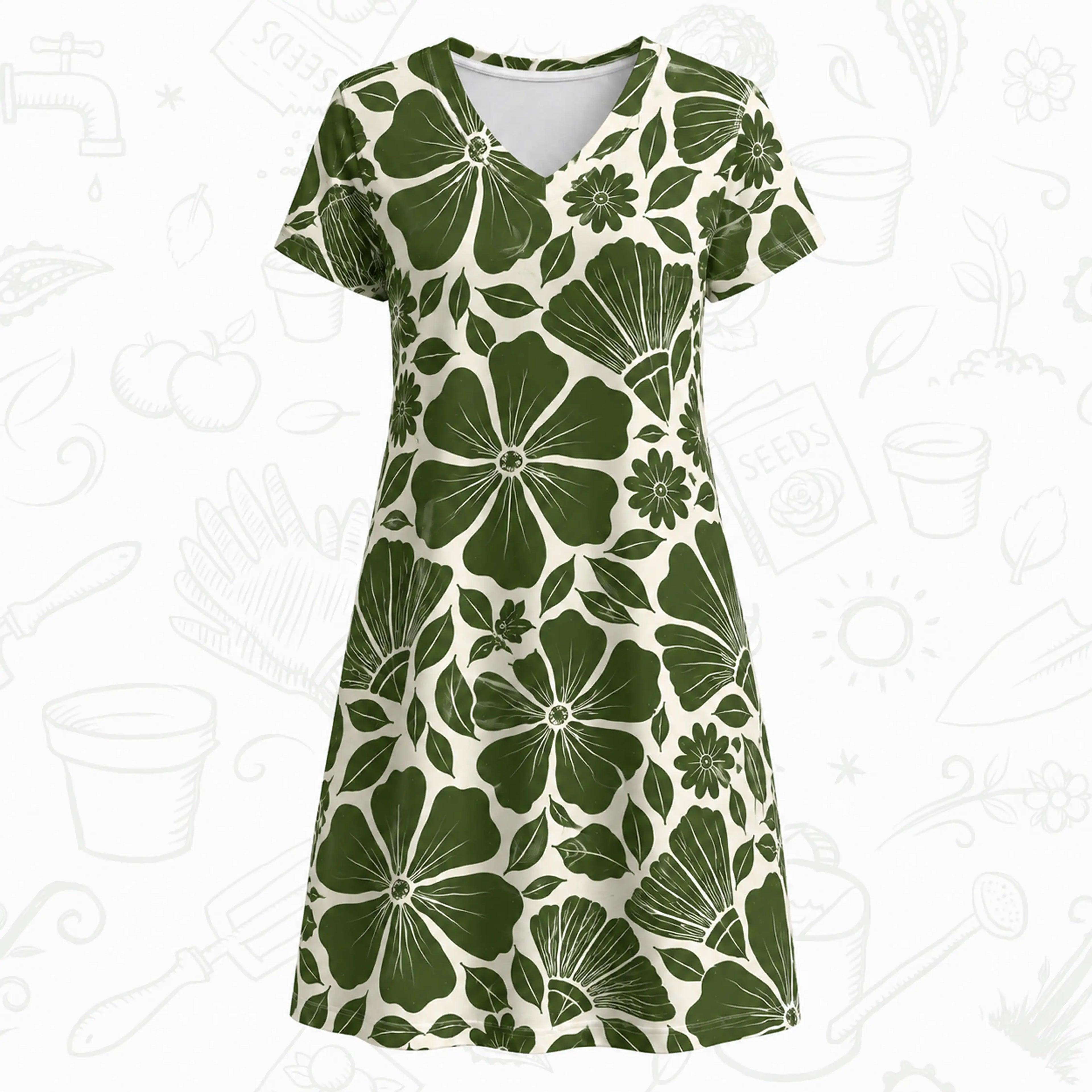 Botanical Garden V-Neck Dress – Floral Gardening Print Day Dress
