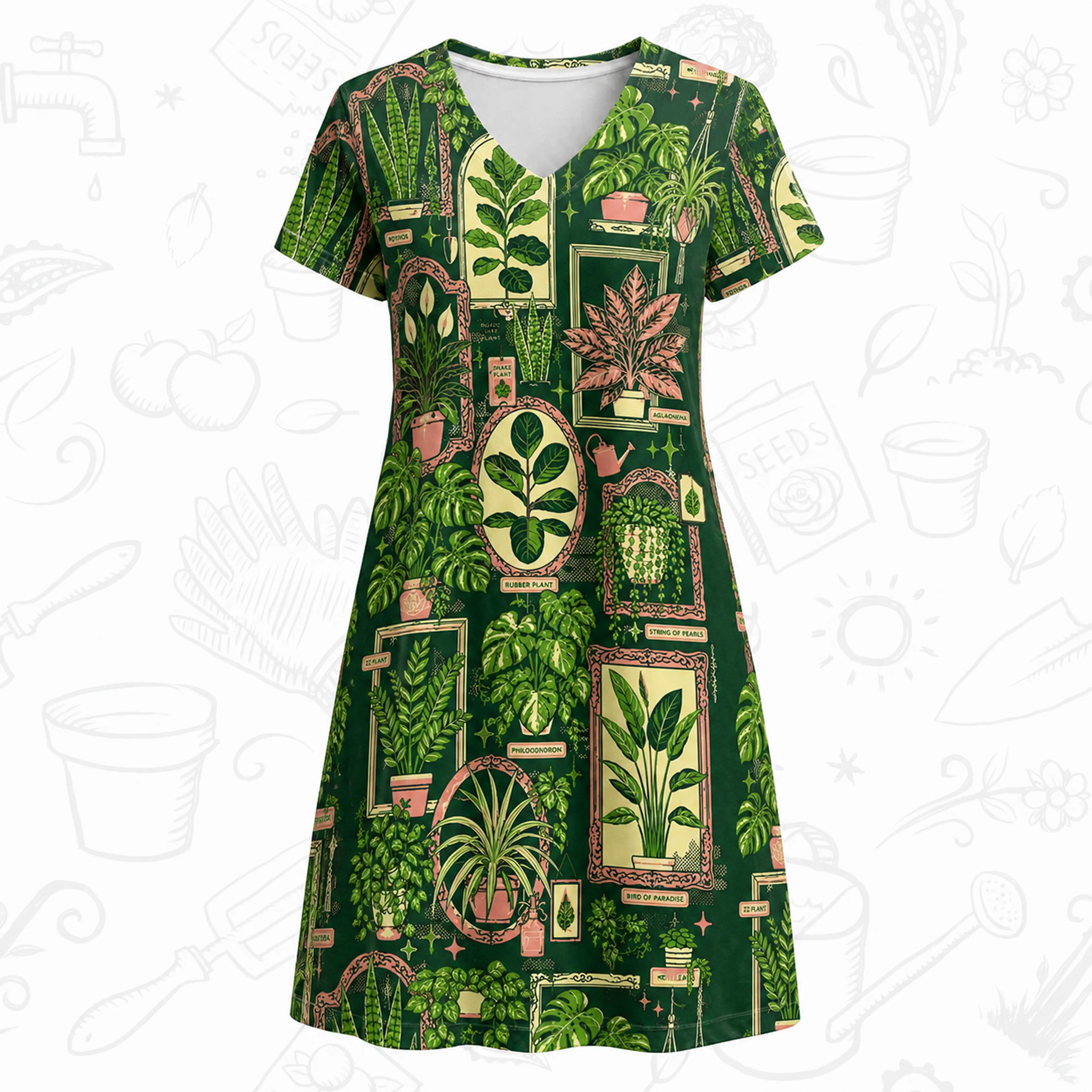 Botanical Garden V-Neck Dress – Floral Gardening Print Day Dress
