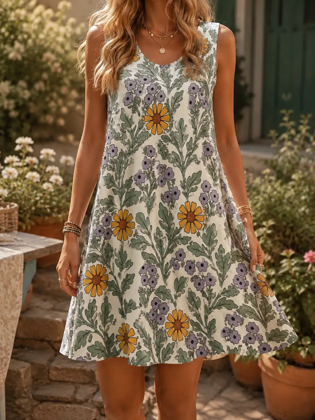 Botanical Garden Sleeveless Dress – Floral A-Line Day Dress