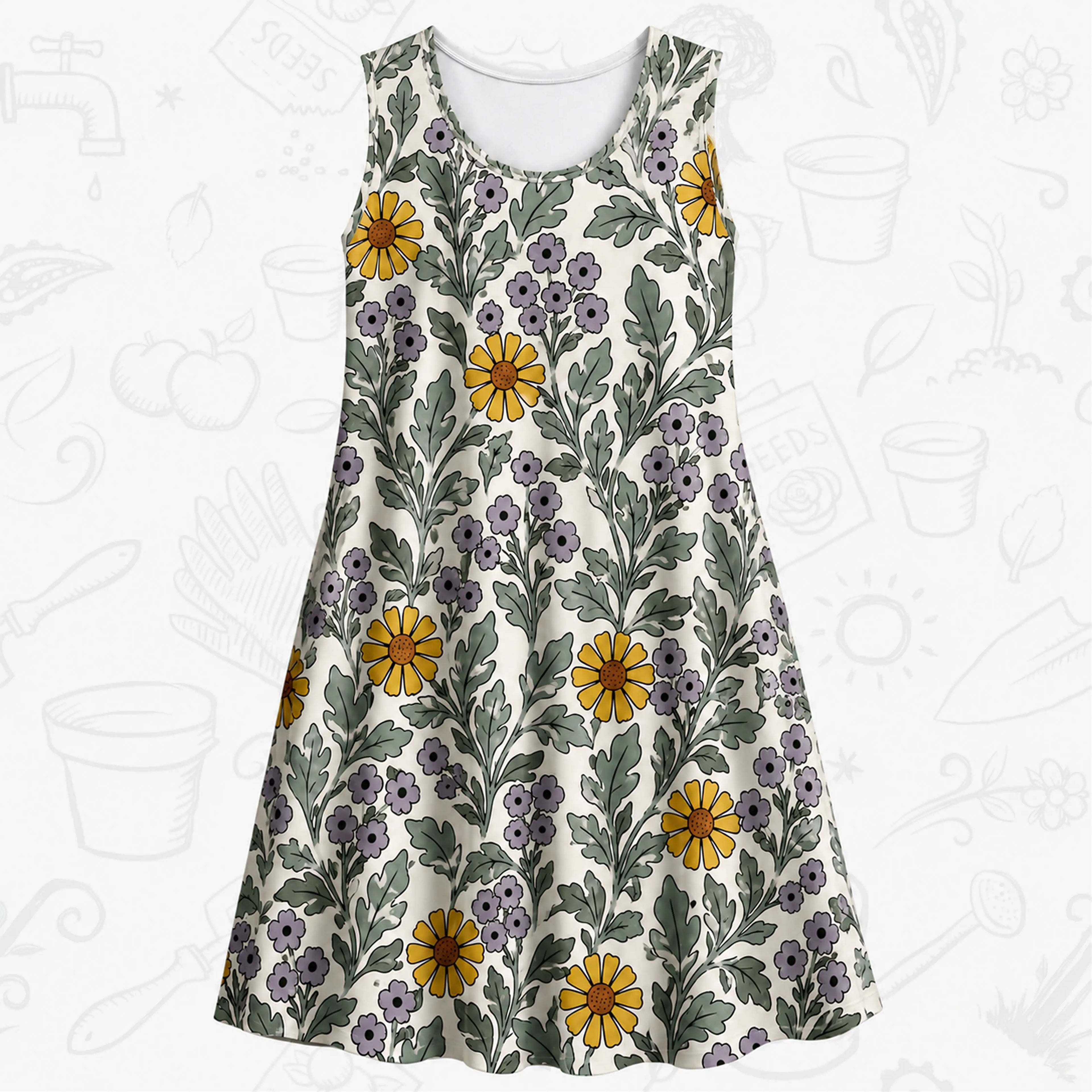 Botanical Garden Sleeveless Dress – Floral A-Line Day Dress