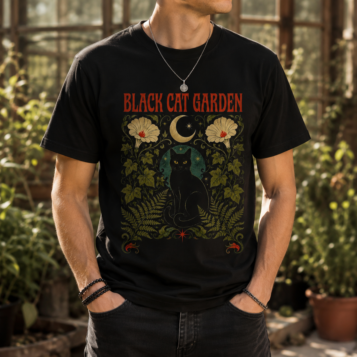 Black Cat Garden T-Shirt – Gothic Botanical Gardening Graphic Tee