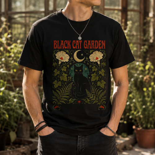 Black Cat Garden T-Shirt – Gothic Botanical Gardening Graphic Tee