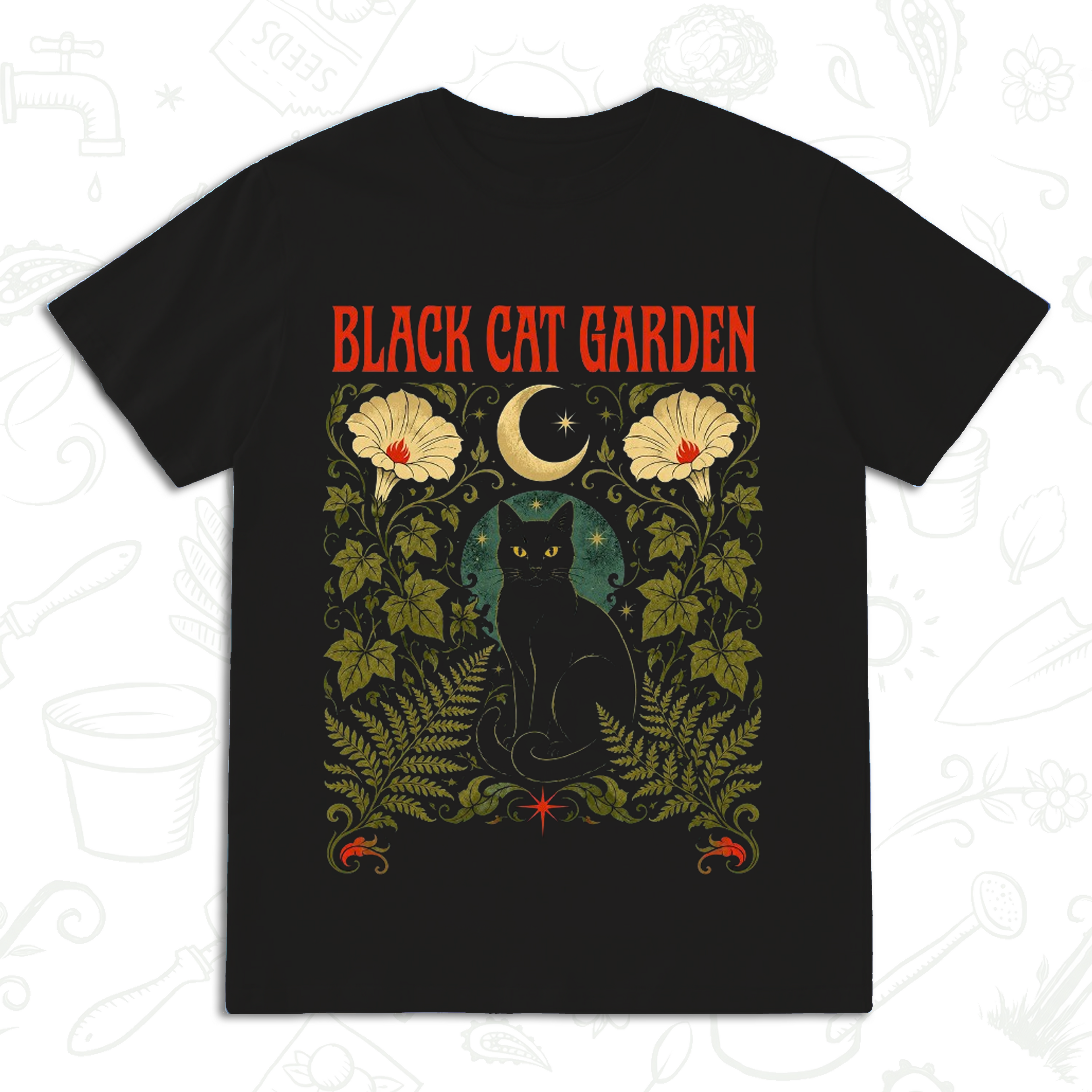 Black Cat Garden T-Shirt – Gothic Botanical Gardening Graphic Tee