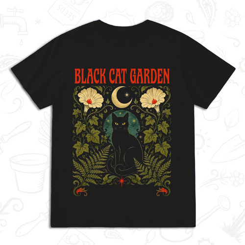 Black Cat Garden T-Shirt – Gothic Botanical Gardening Graphic Tee