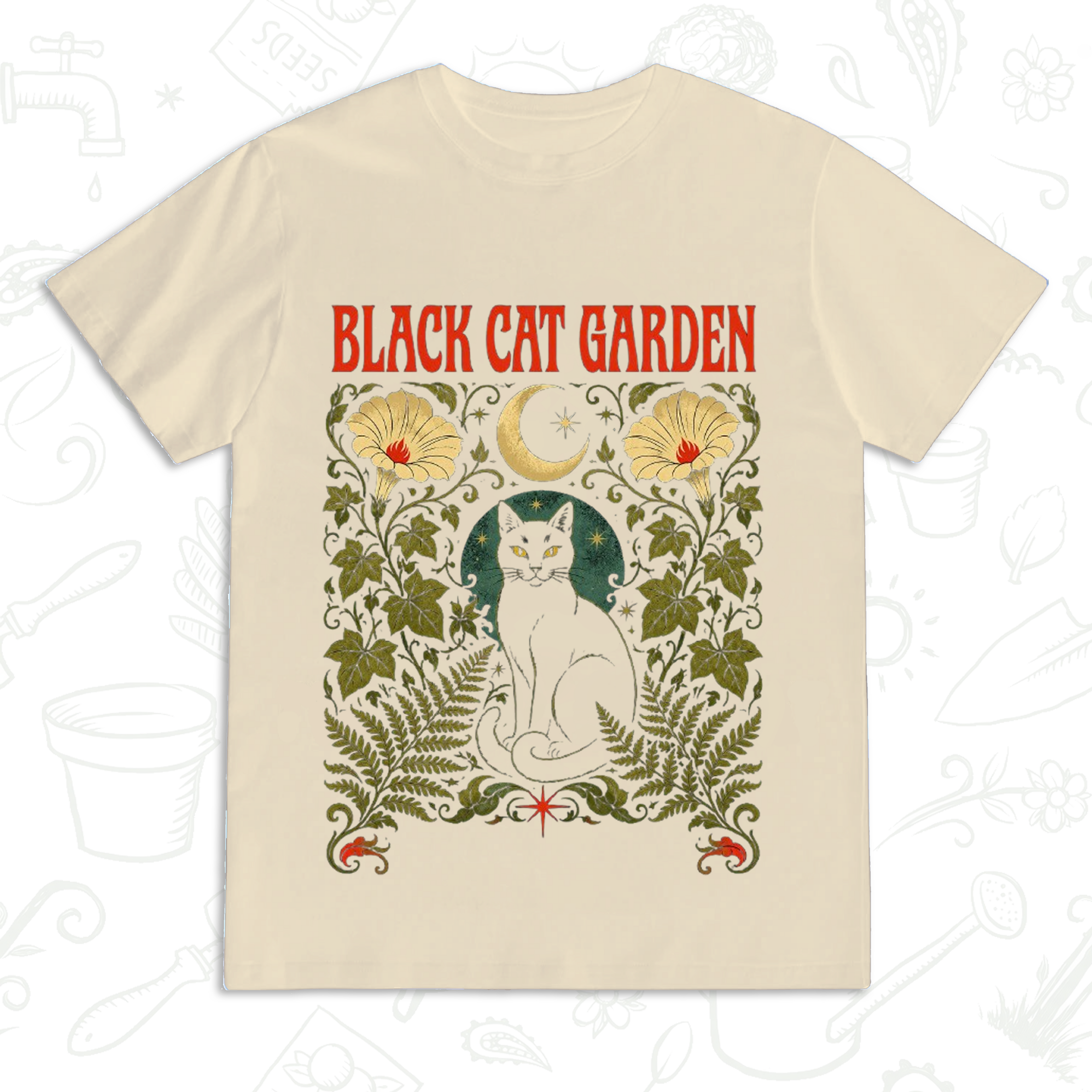 Black Cat Garden T-Shirt – Gothic Botanical Gardening Graphic Tee