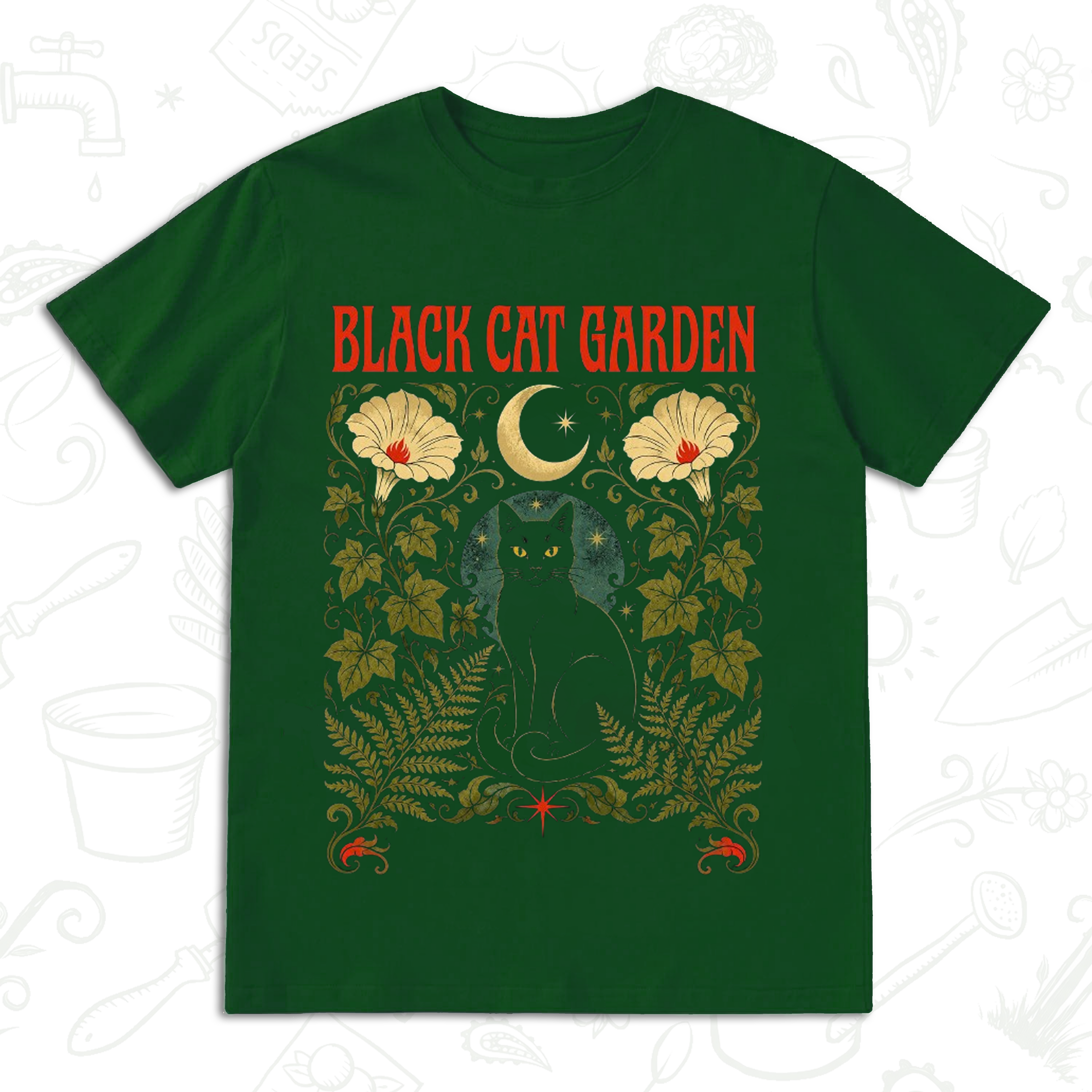 Black Cat Garden T-Shirt – Gothic Botanical Gardening Graphic Tee