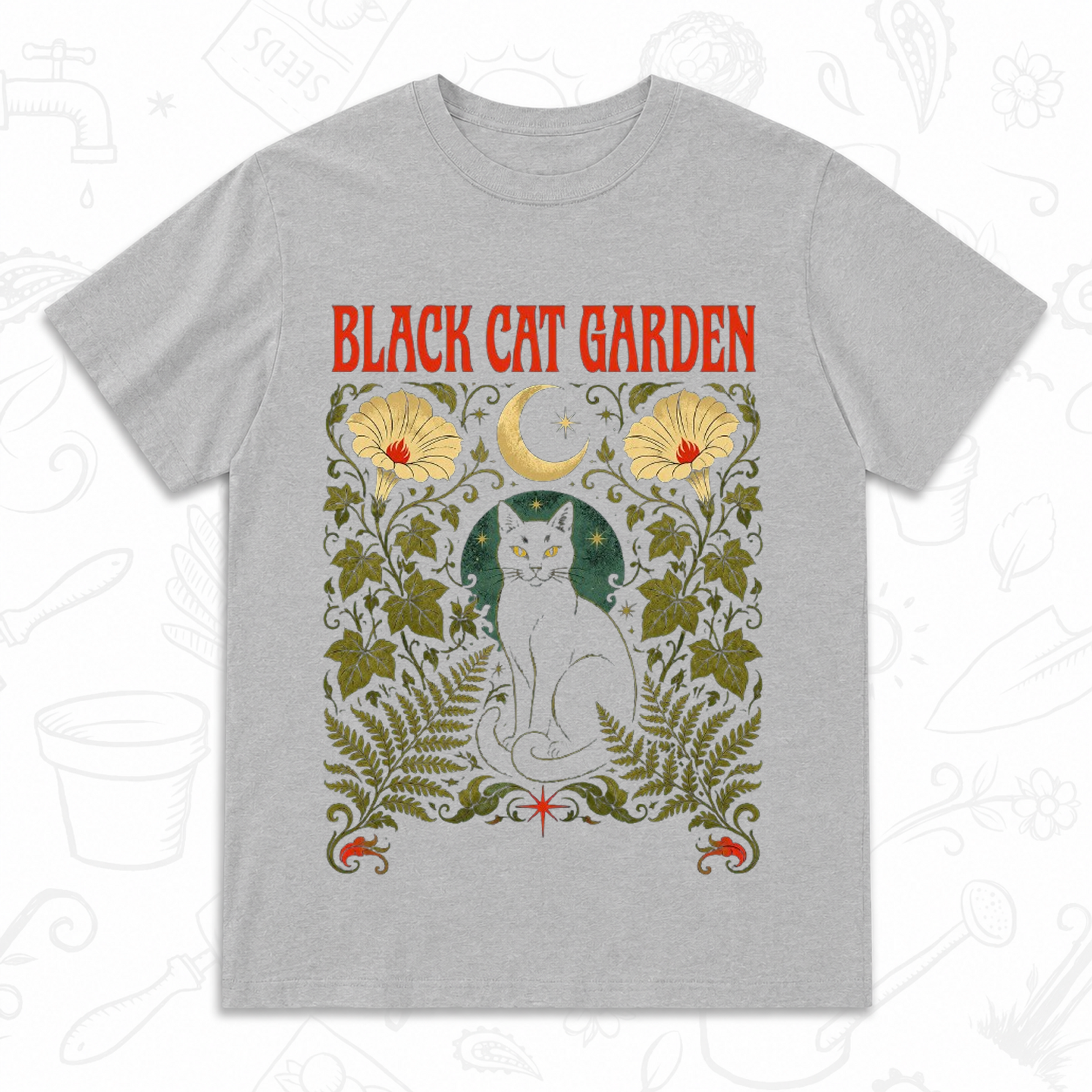Black Cat Garden T-Shirt – Gothic Botanical Gardening Graphic Tee