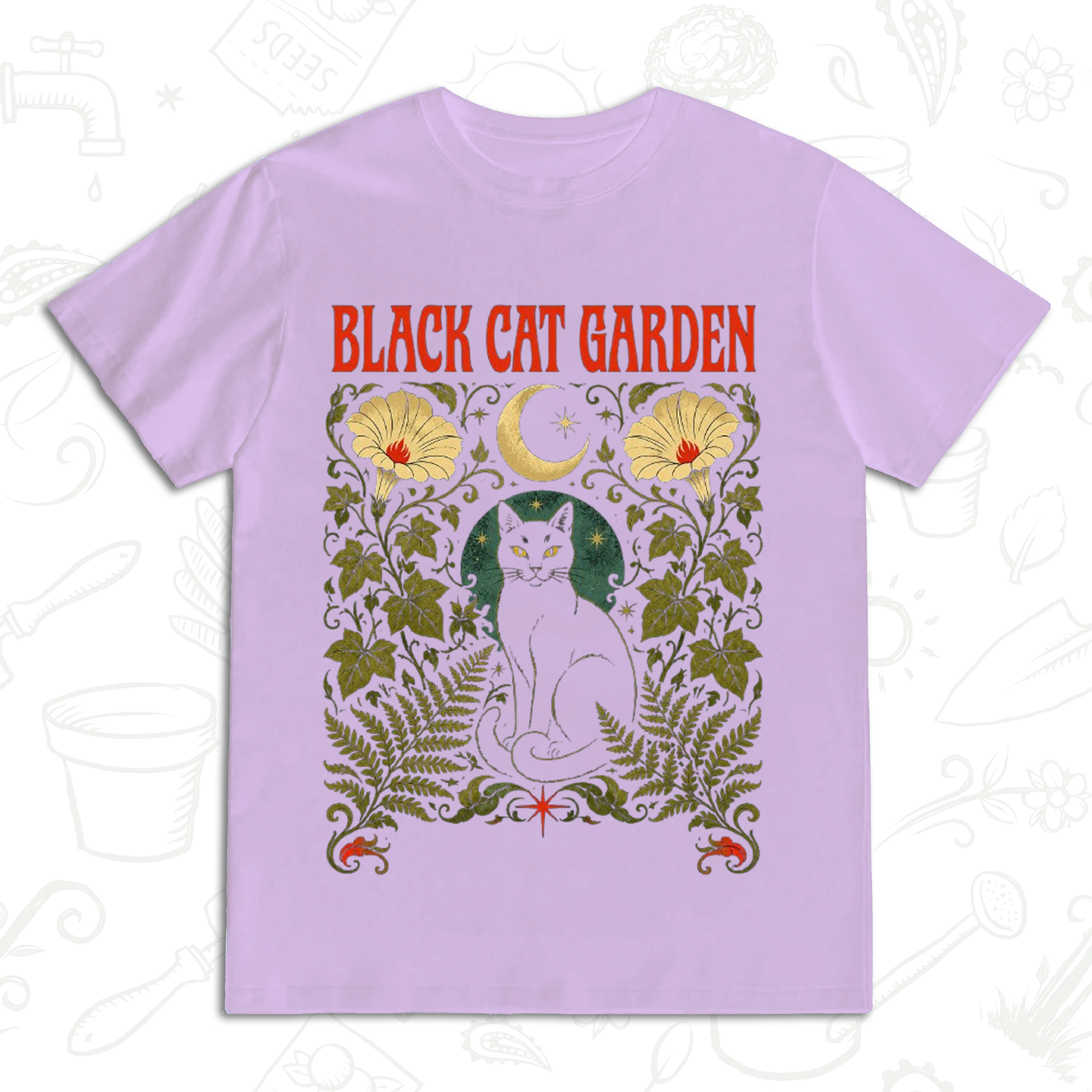 Black Cat Garden T-Shirt – Gothic Botanical Gardening Graphic Tee