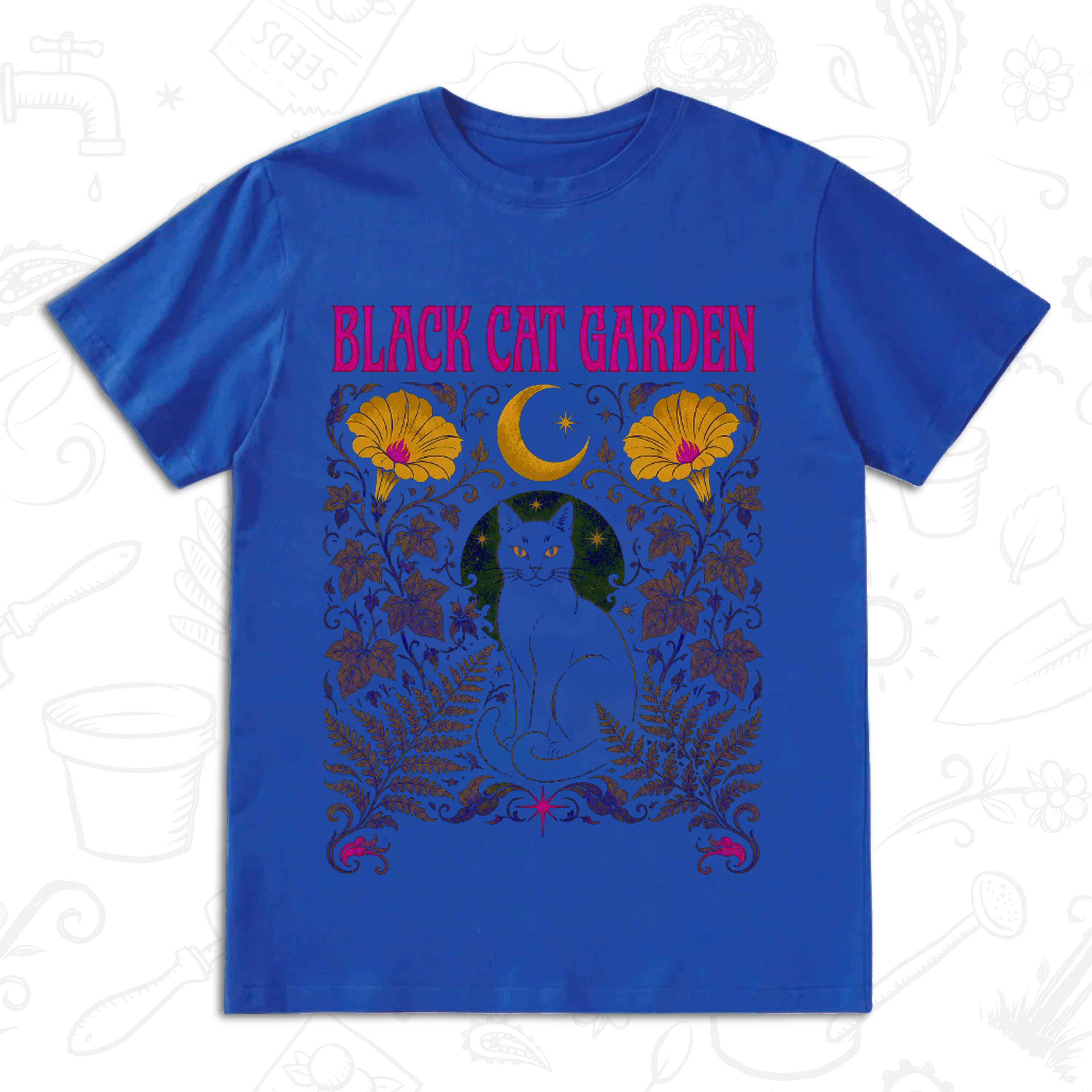 Black Cat Garden T-Shirt – Gothic Botanical Gardening Graphic Tee