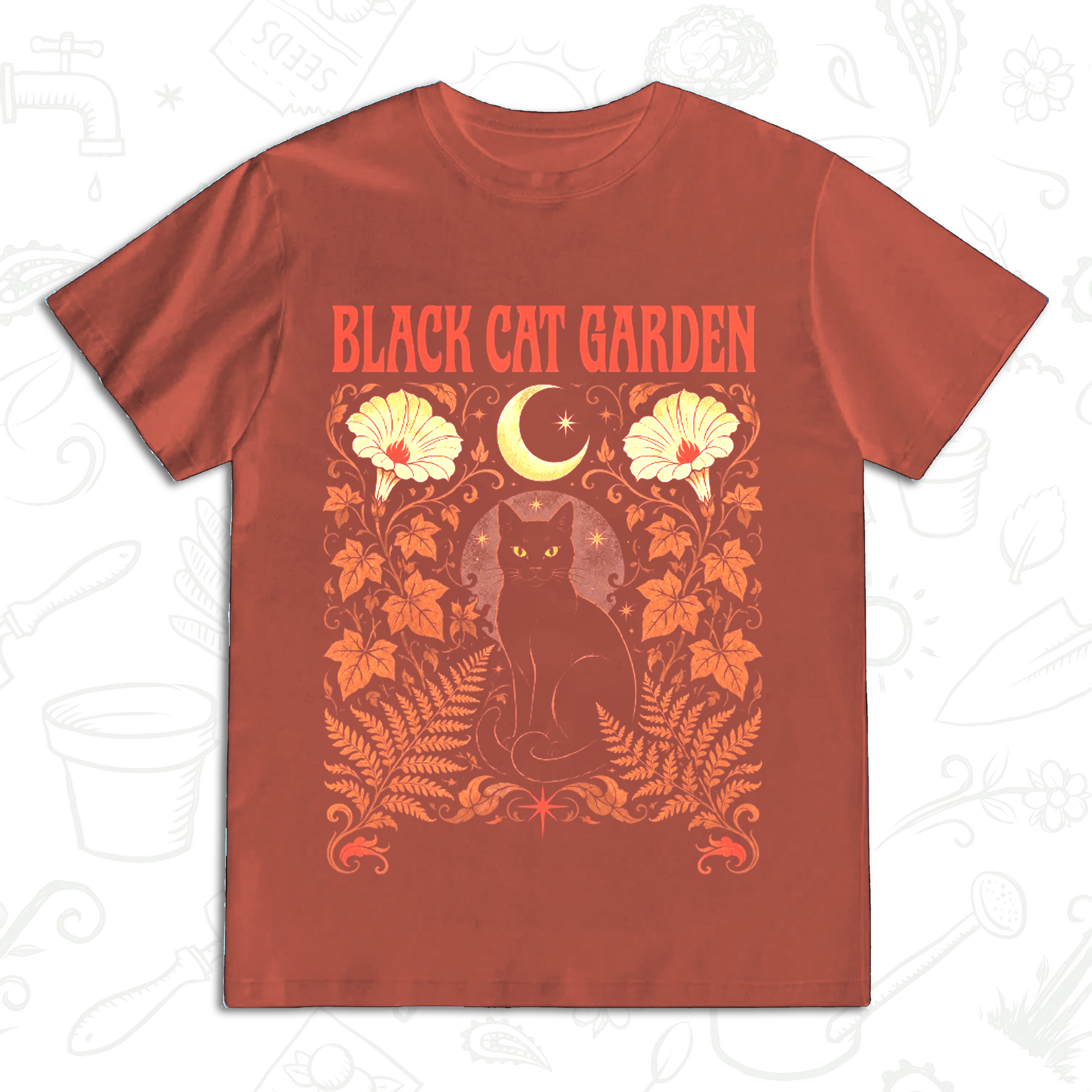 Black Cat Garden T-Shirt – Gothic Botanical Gardening Graphic Tee