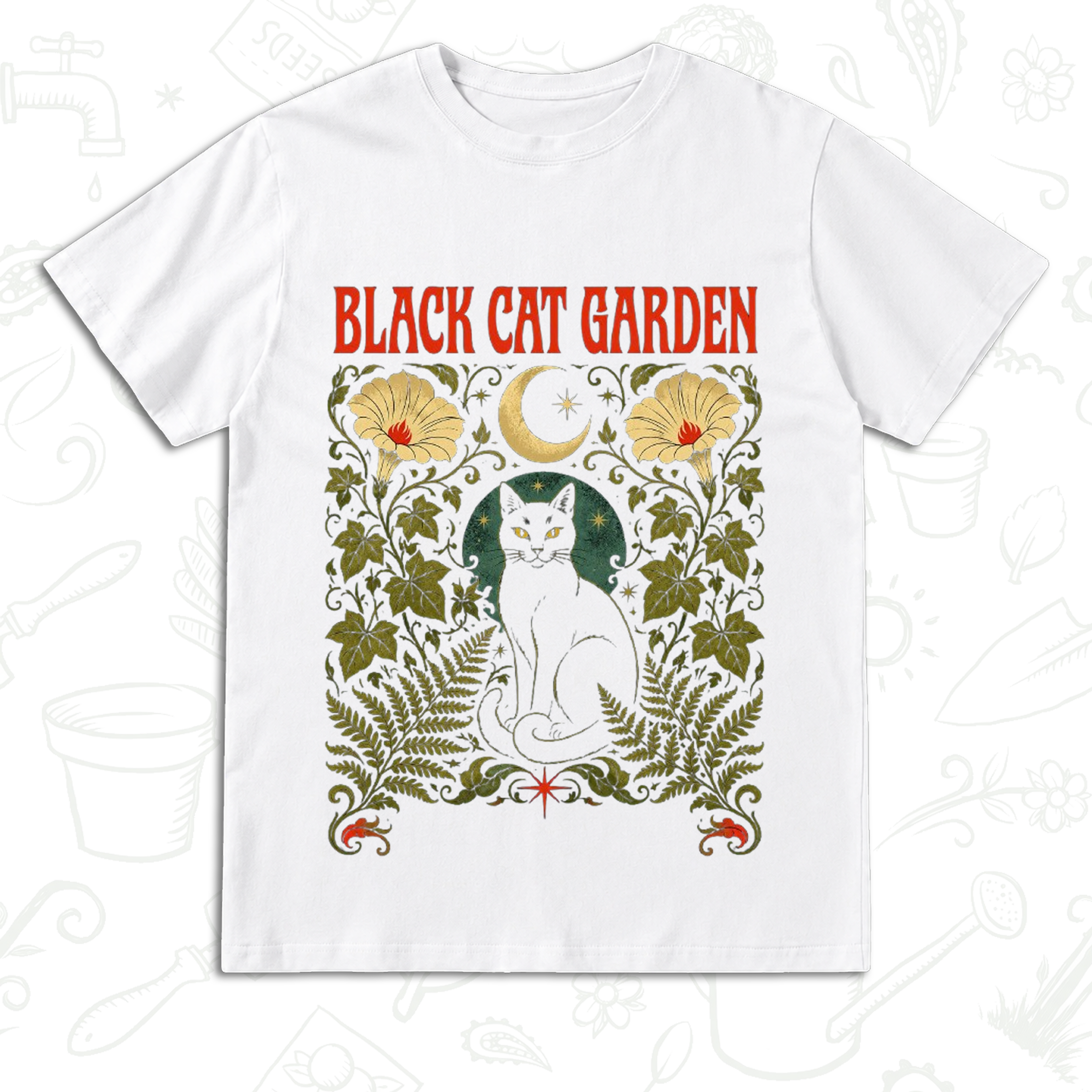 Black Cat Garden T-Shirt – Gothic Botanical Gardening Graphic Tee
