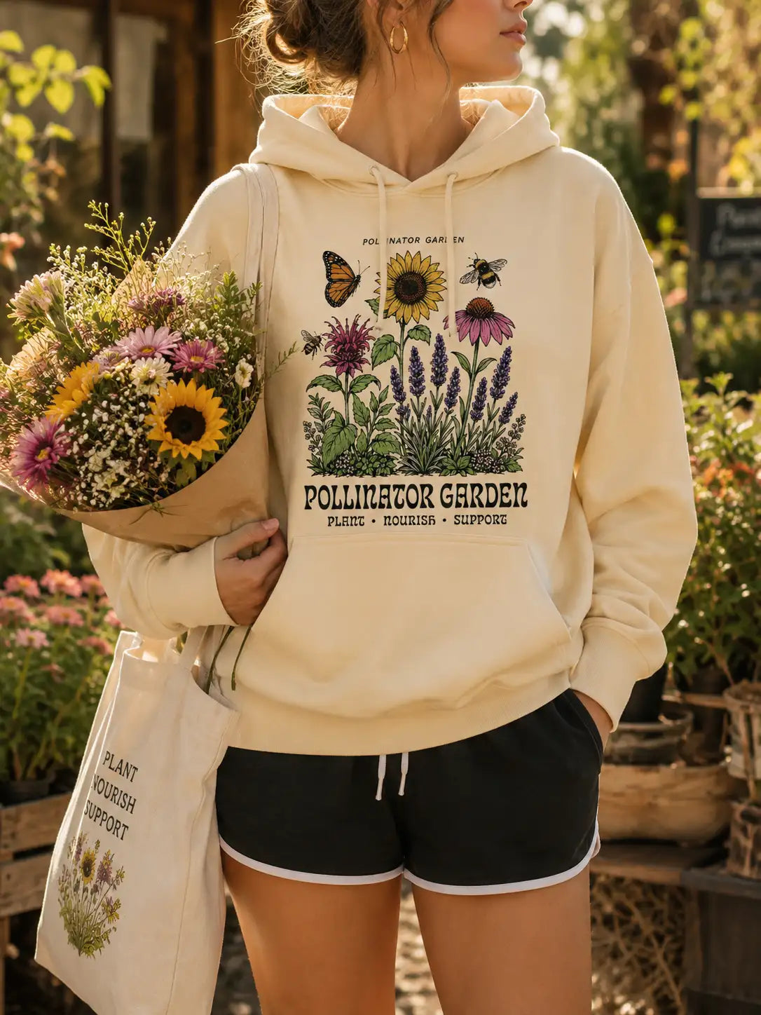 Pollinator Garden Hoodie – Bee, Butterfly and Wildflower Gardening Pullover