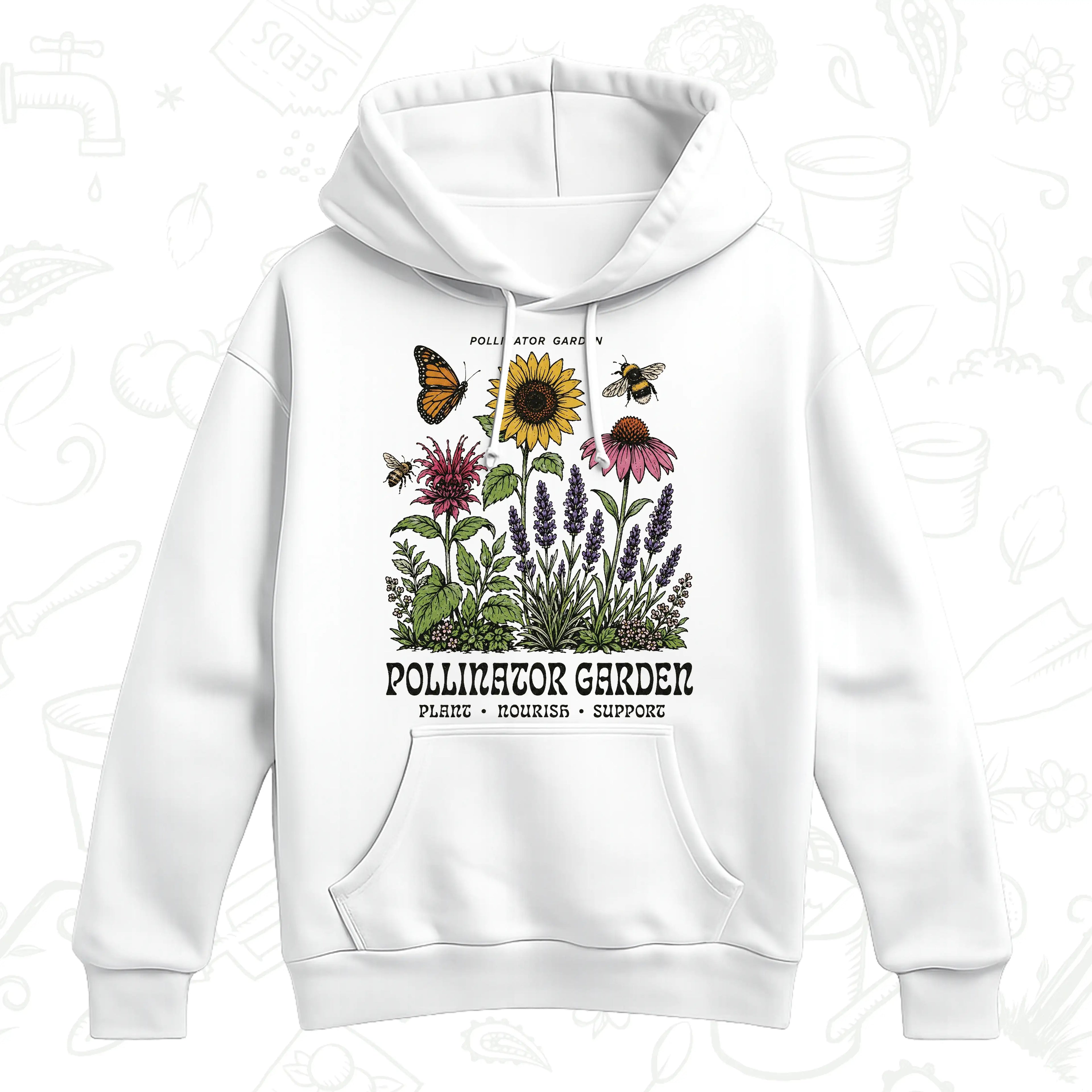 Pollinator Garden Hoodie – Bee, Butterfly and Wildflower Gardening Pullover