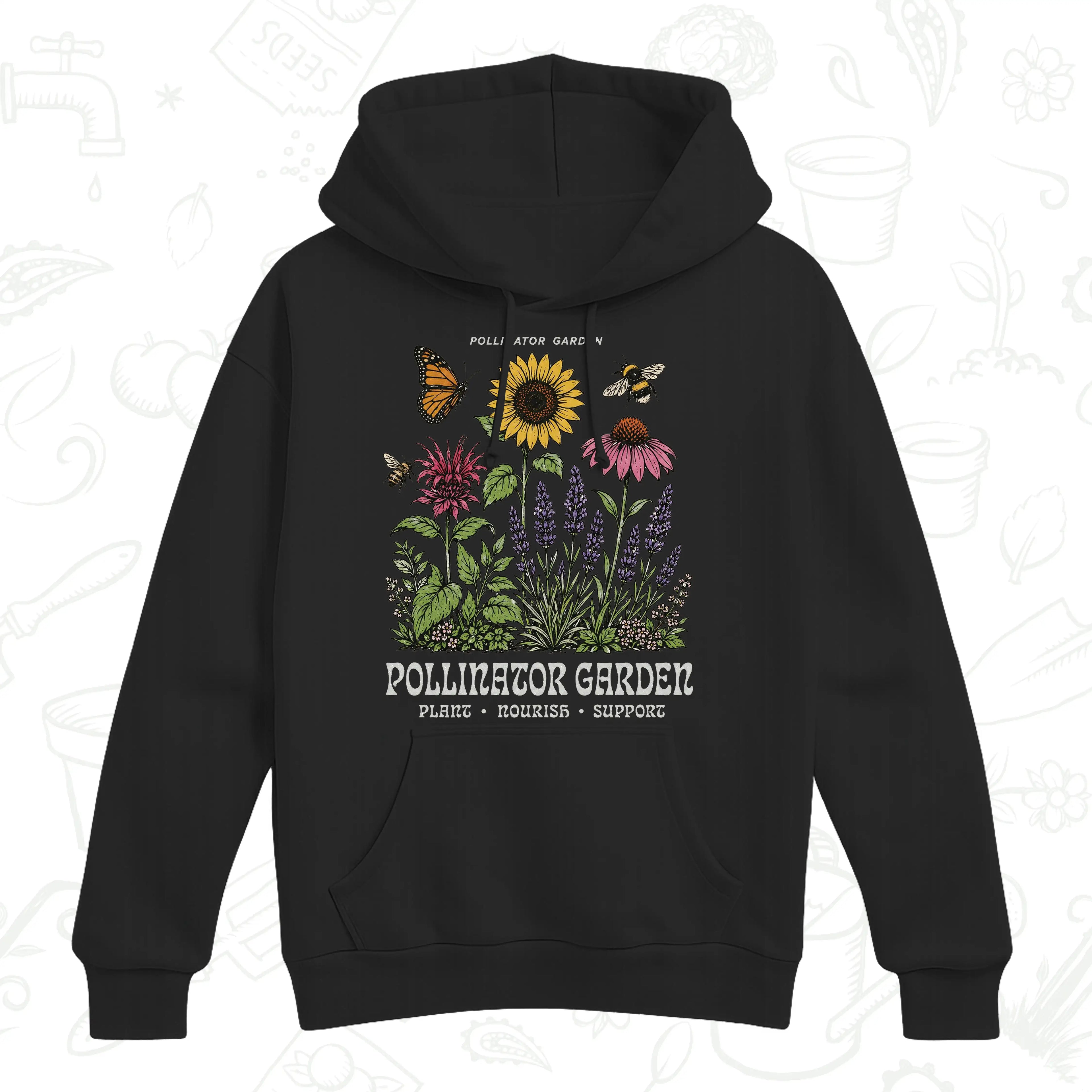 Pollinator Garden Hoodie – Bee, Butterfly and Wildflower Gardening Pullover