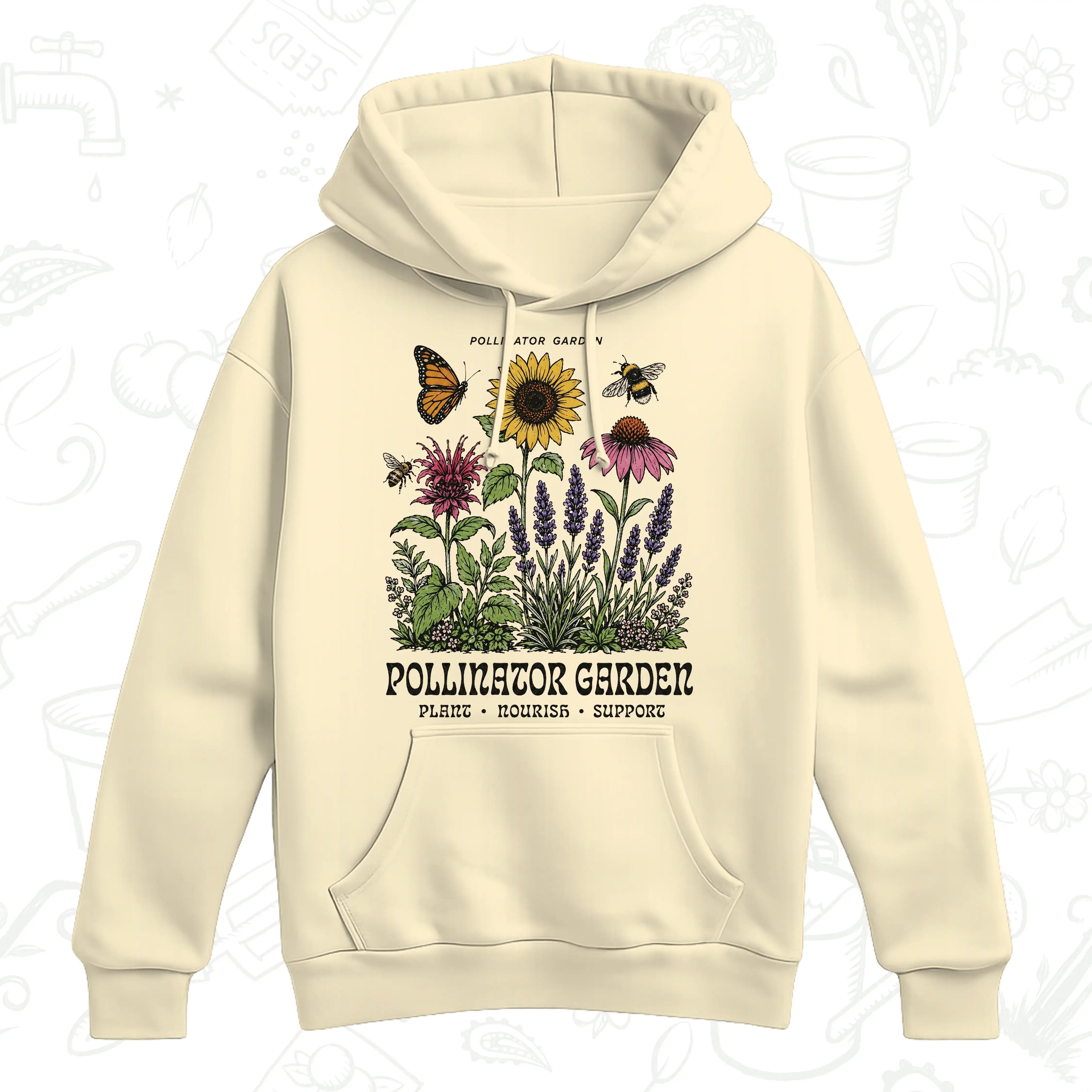 Pollinator Garden Hoodie – Bee, Butterfly and Wildflower Gardening Pullover