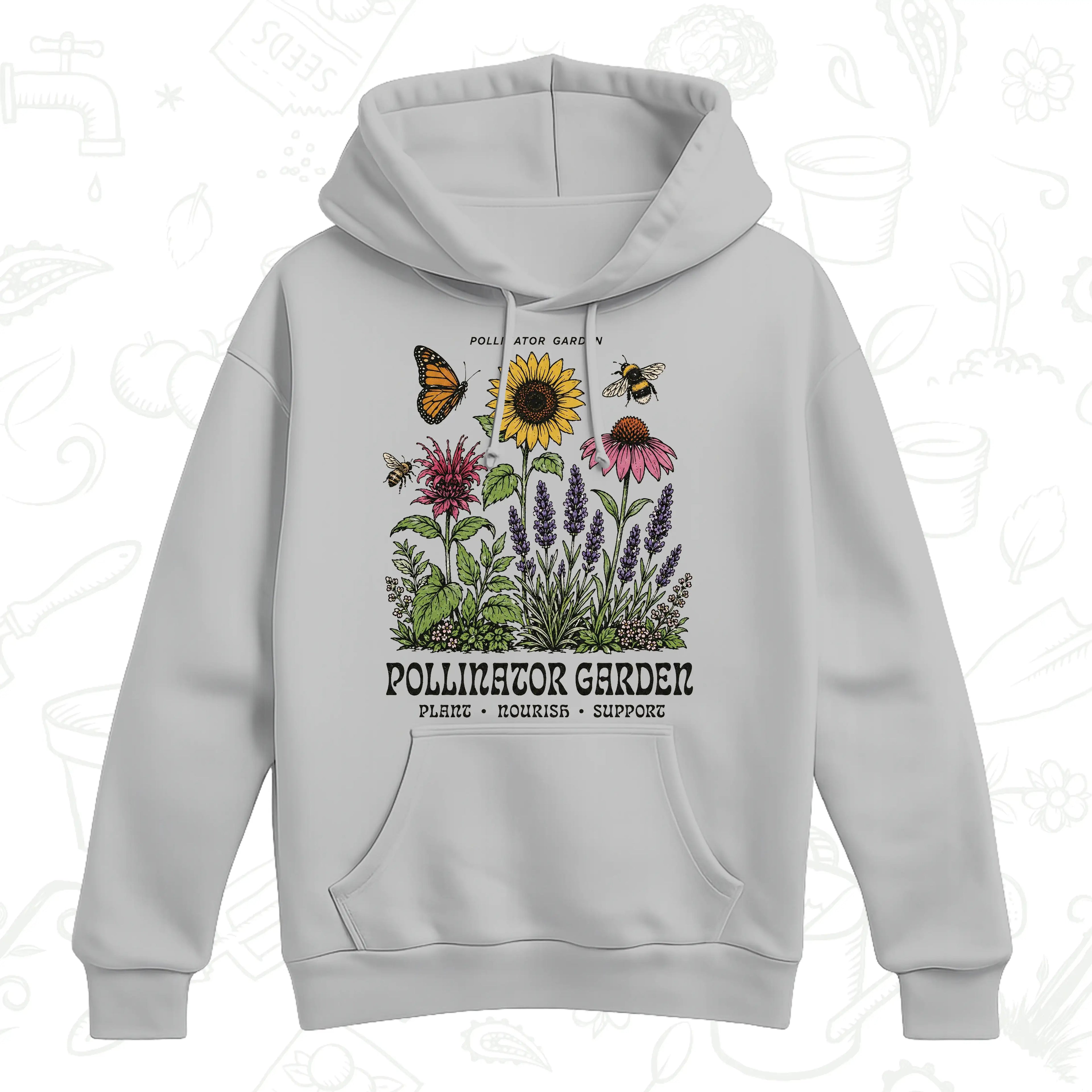 Pollinator Garden Hoodie – Bee, Butterfly and Wildflower Gardening Pullover
