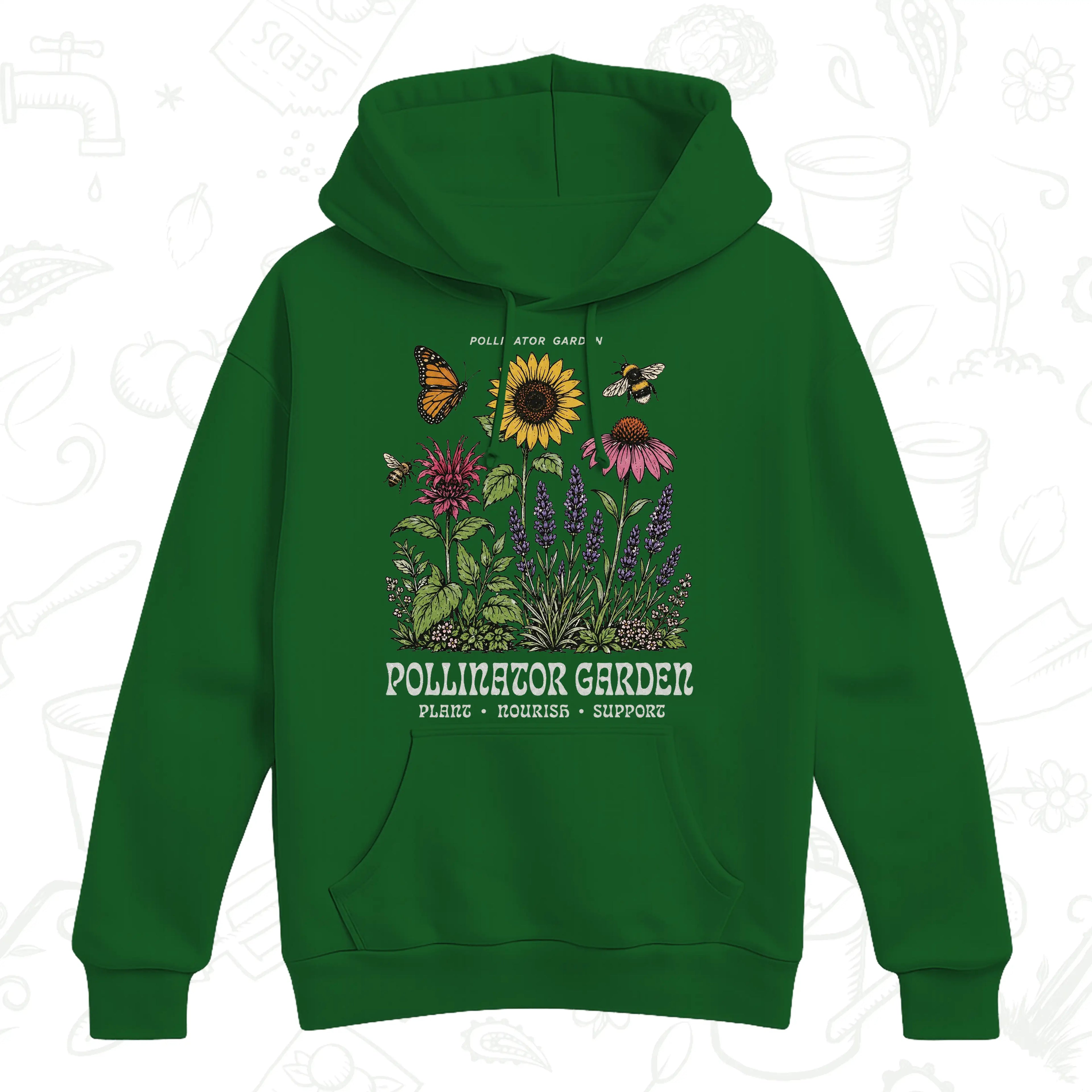 Pollinator Garden Hoodie – Bee, Butterfly and Wildflower Gardening Pullover