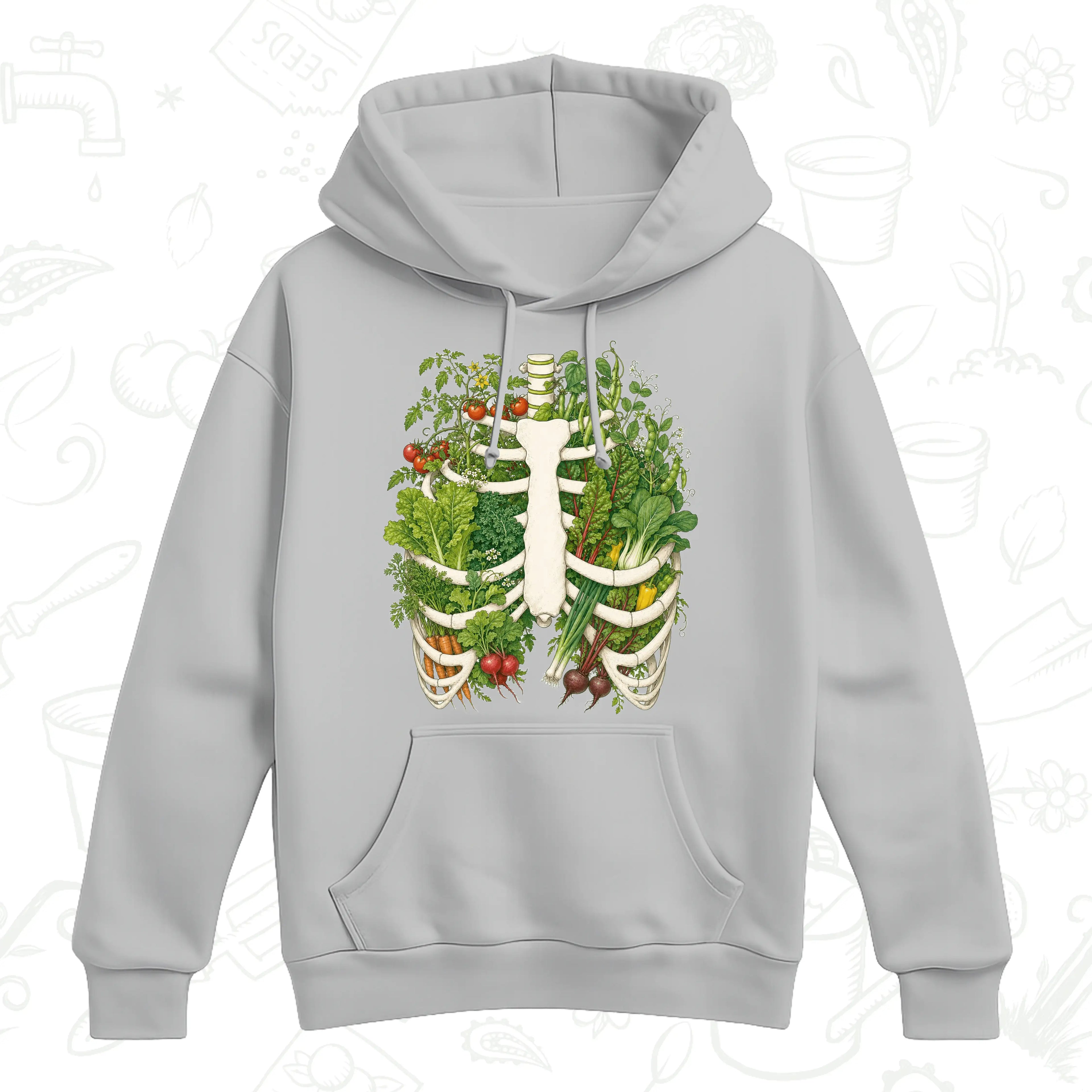 Vegetable Garden Ribcage Hoodie – Botanical Anatomy Gardening Pullover