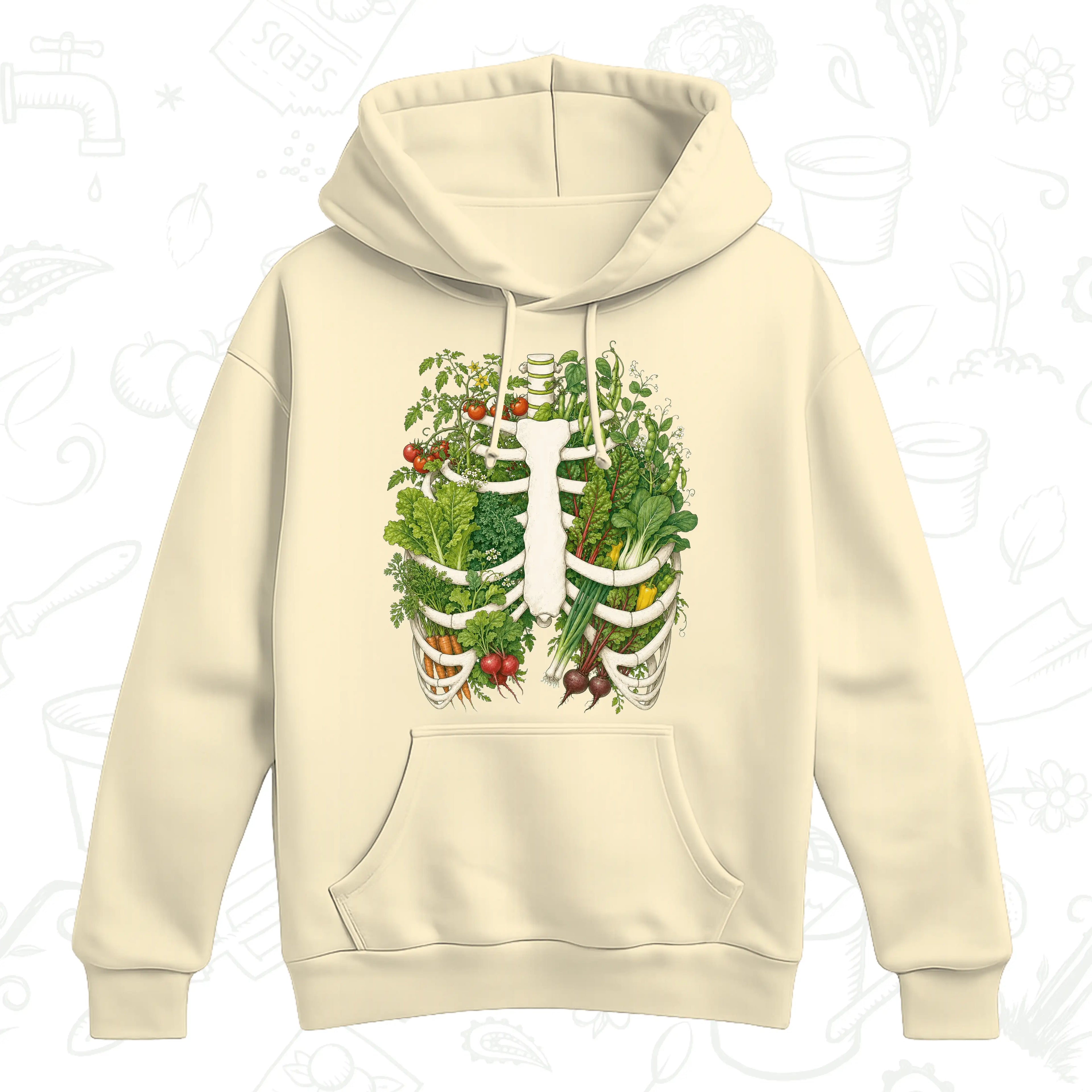 Vegetable Garden Ribcage Hoodie – Botanical Anatomy Gardening Pullover