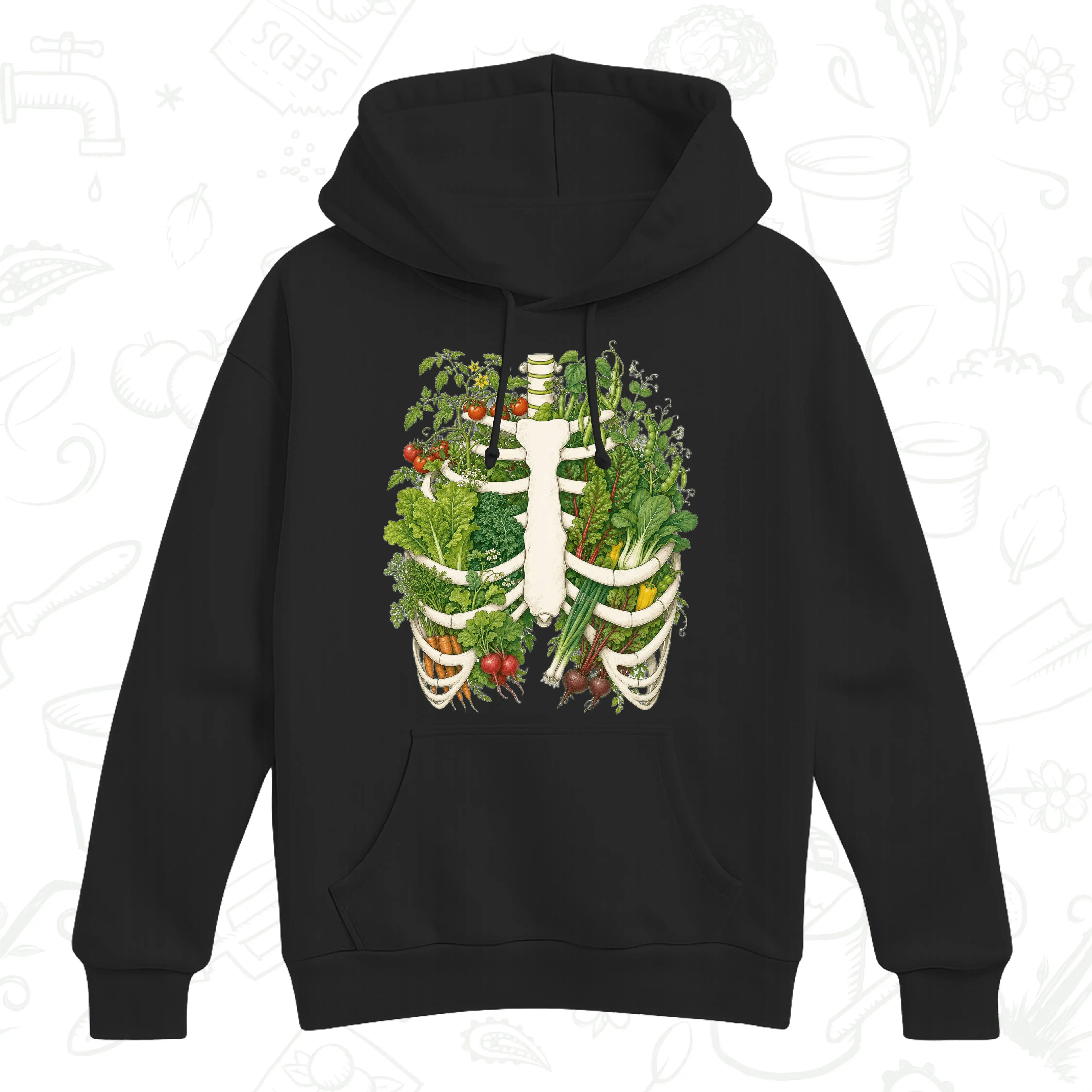 Vegetable Garden Ribcage Hoodie – Botanical Anatomy Gardening Pullover