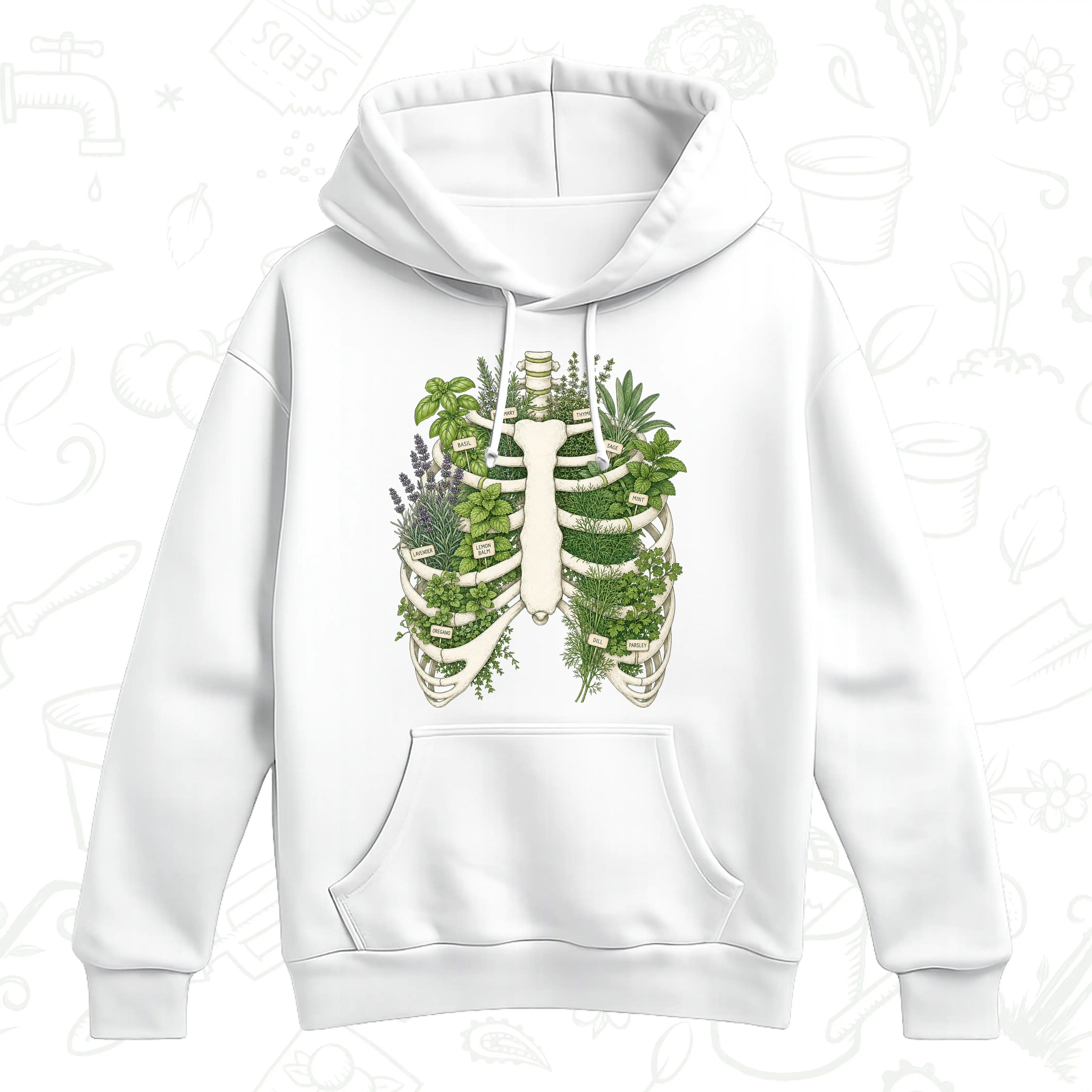 Herb Garden Ribcage Hoodie – Botanical Anatomy Gardening Pullover