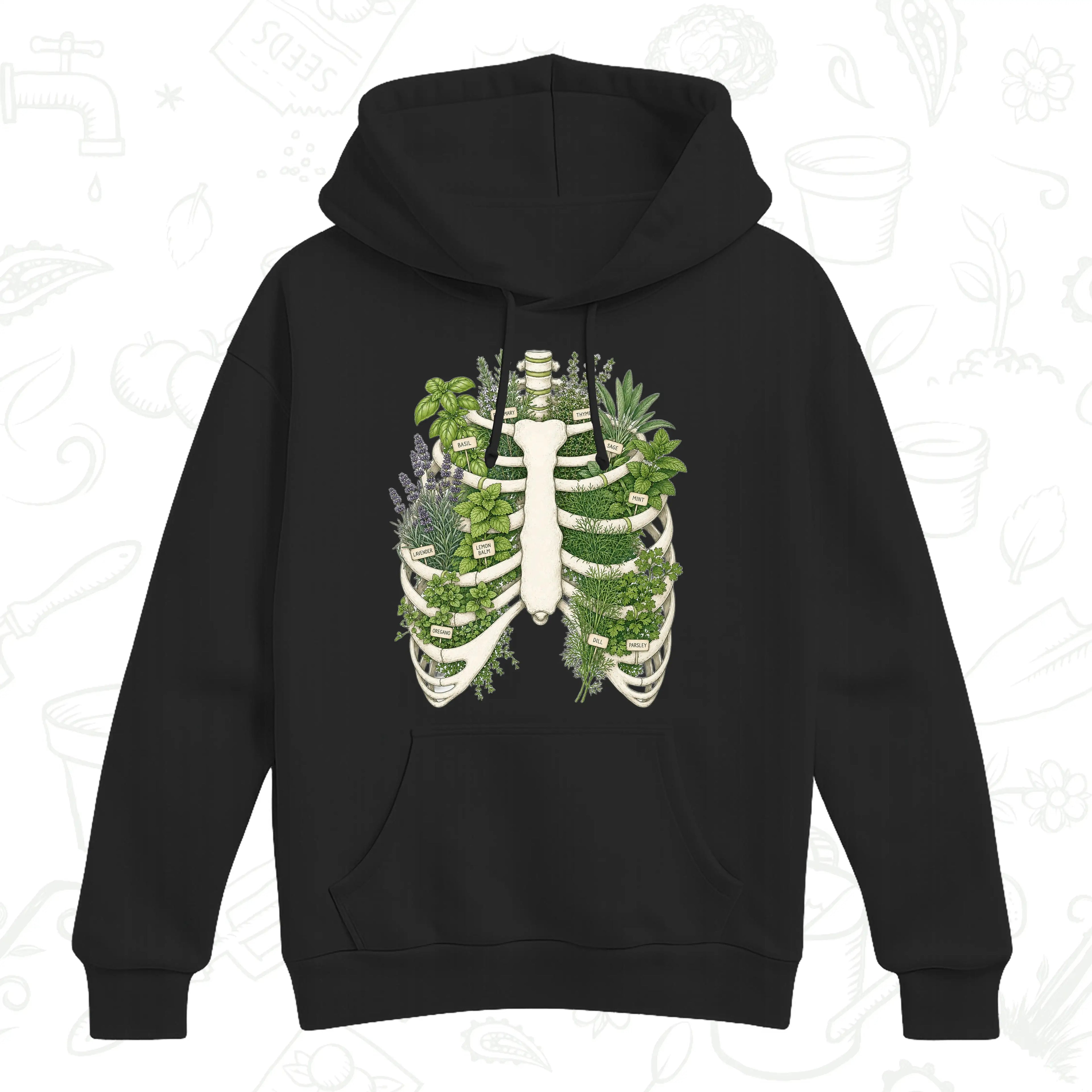 Herb Garden Ribcage Hoodie – Botanical Anatomy Gardening Pullover