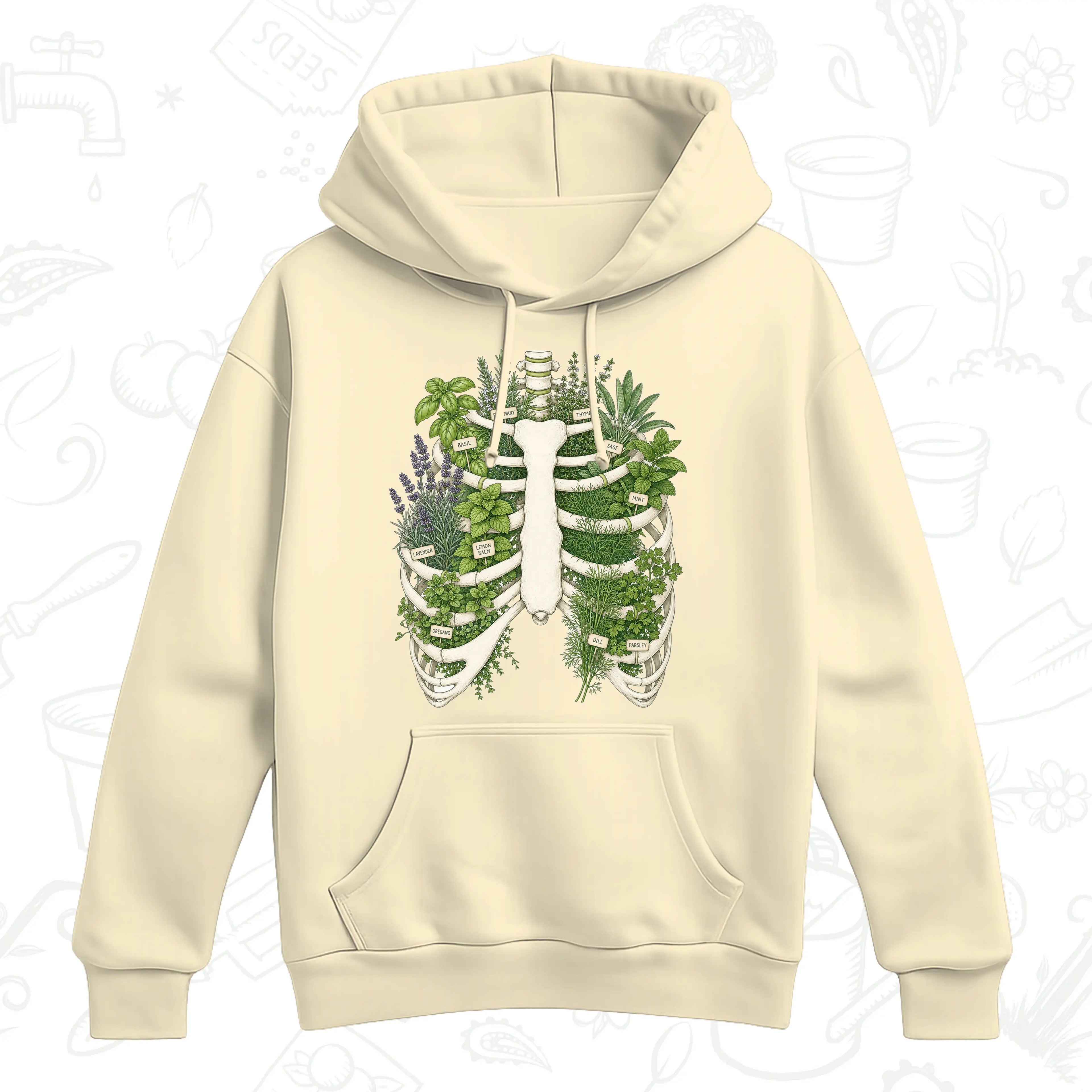 Herb Garden Ribcage Hoodie – Botanical Anatomy Gardening Pullover