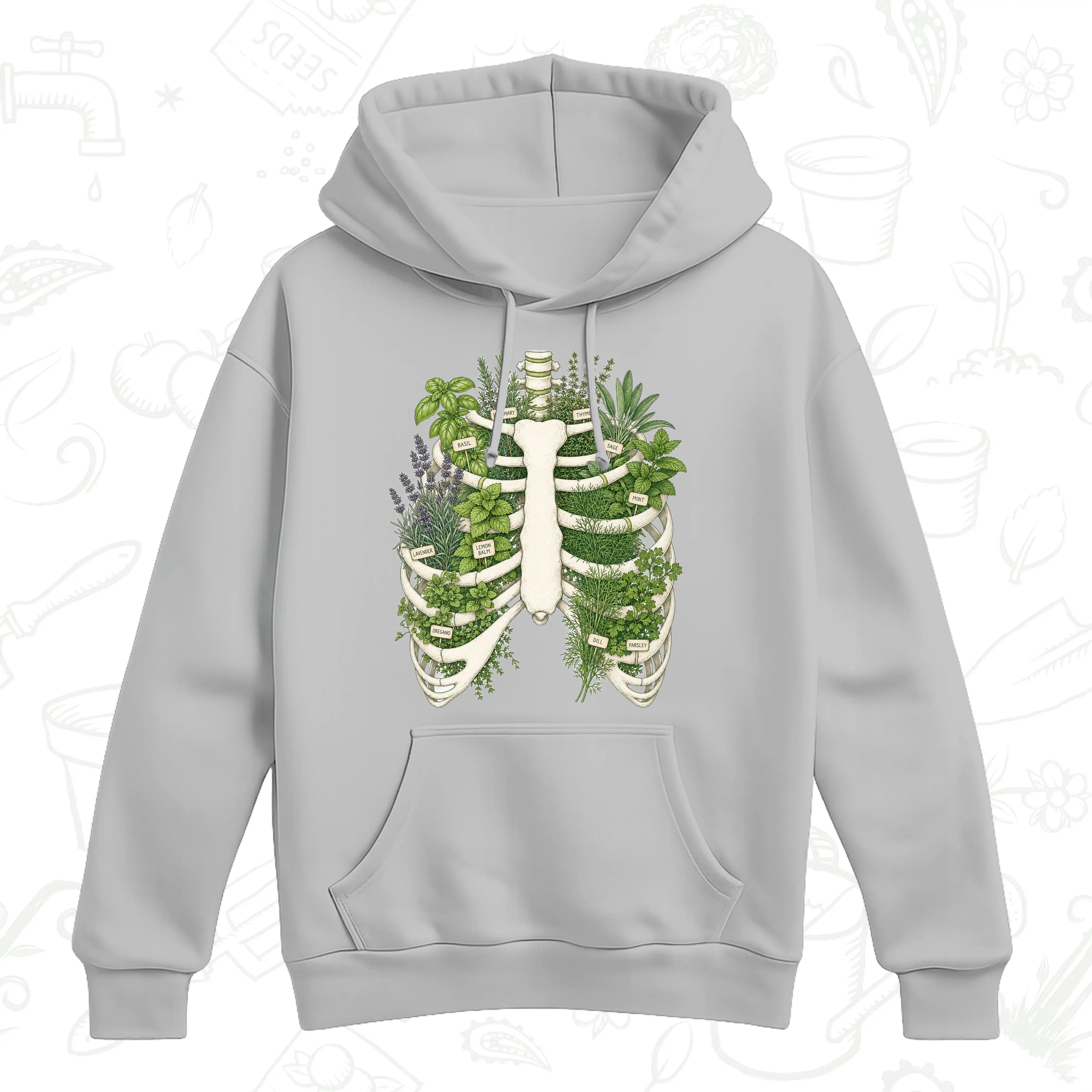 Herb Garden Ribcage Hoodie – Botanical Anatomy Gardening Pullover