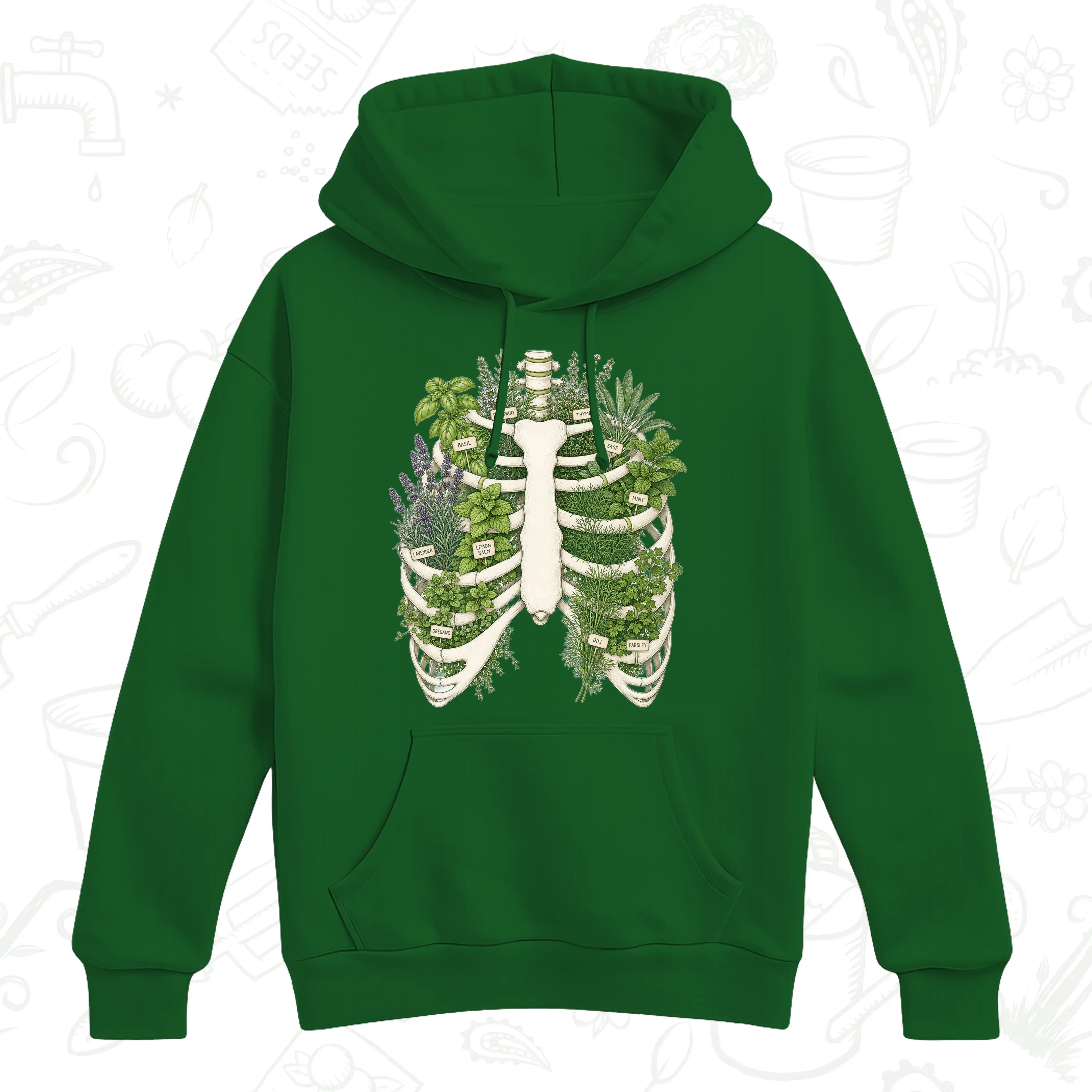 Herb Garden Ribcage Hoodie – Botanical Anatomy Gardening Pullover