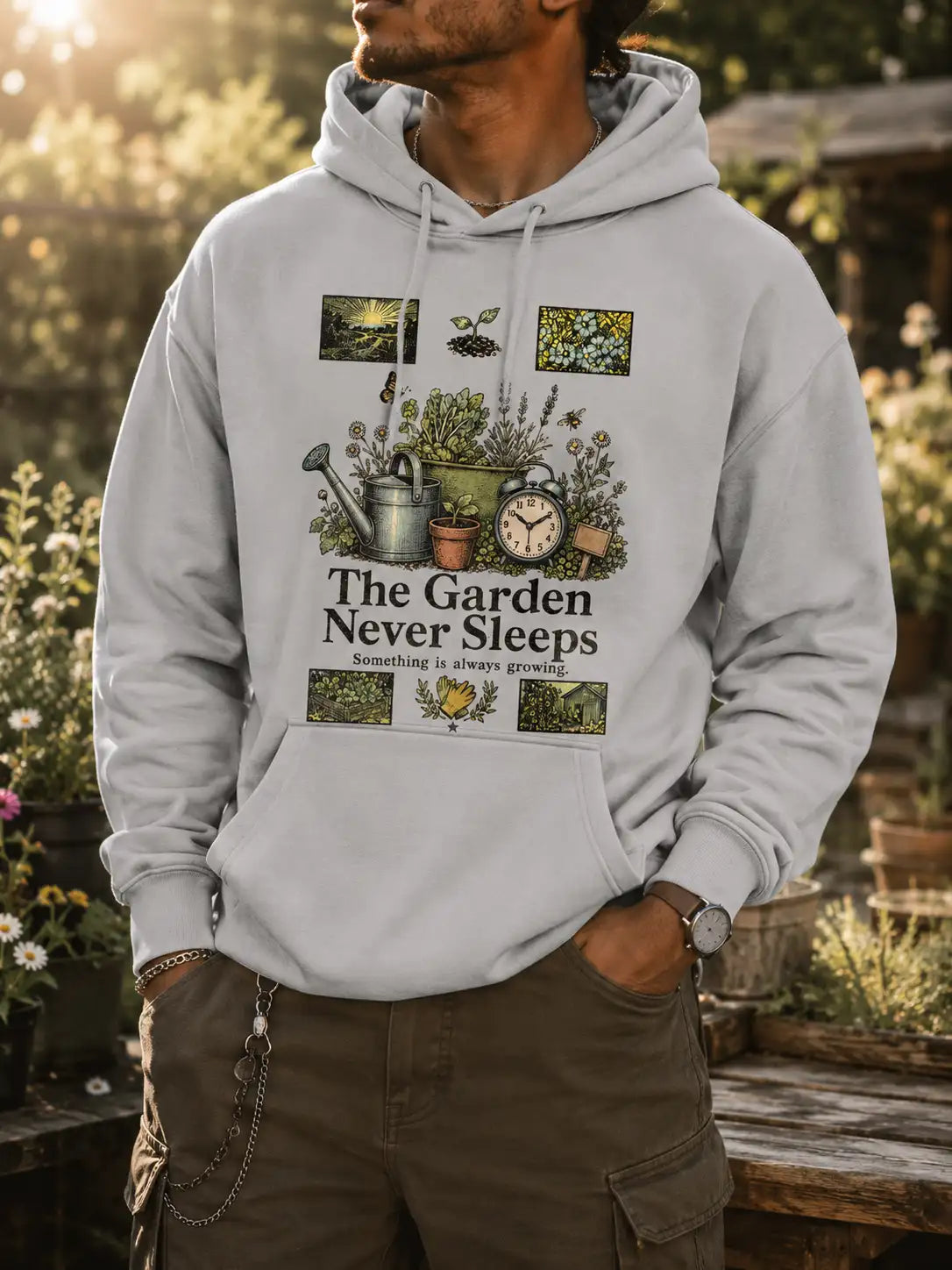 The Garden Never Sleeps Hoodie – Vintage Gardening Graphic Pullover