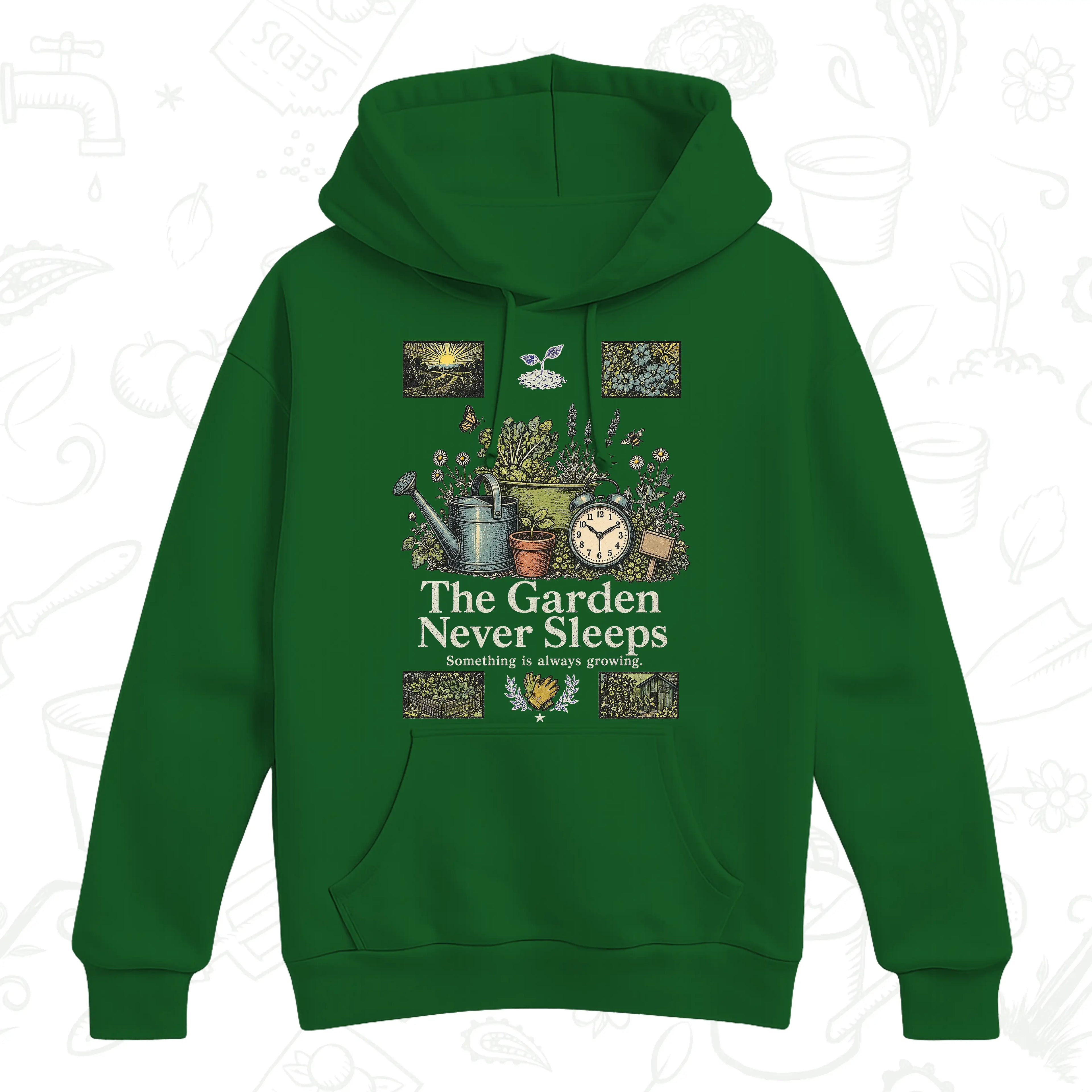 The Garden Never Sleeps Hoodie – Vintage Gardening Graphic Pullover