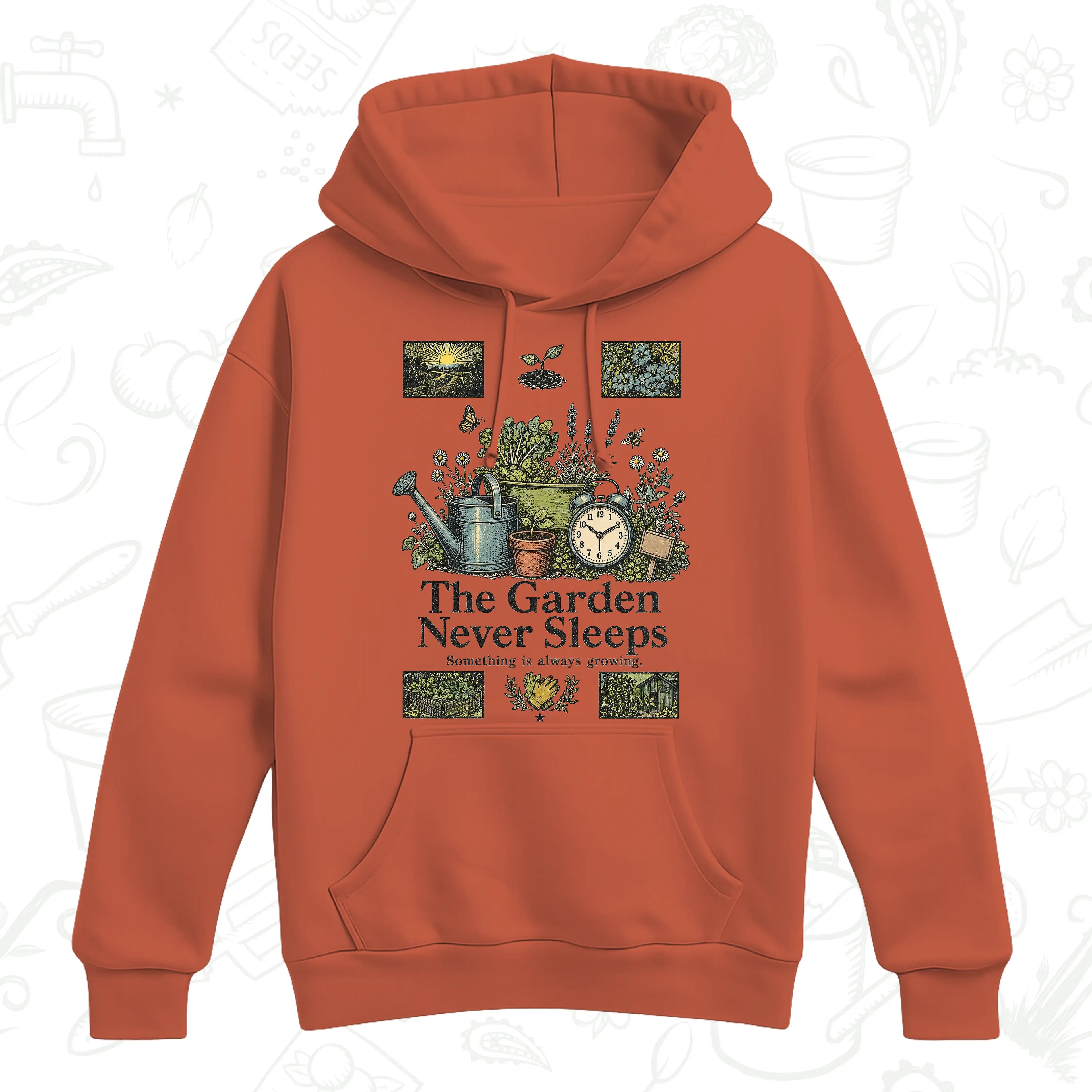 The Garden Never Sleeps Hoodie – Vintage Gardening Graphic Pullover