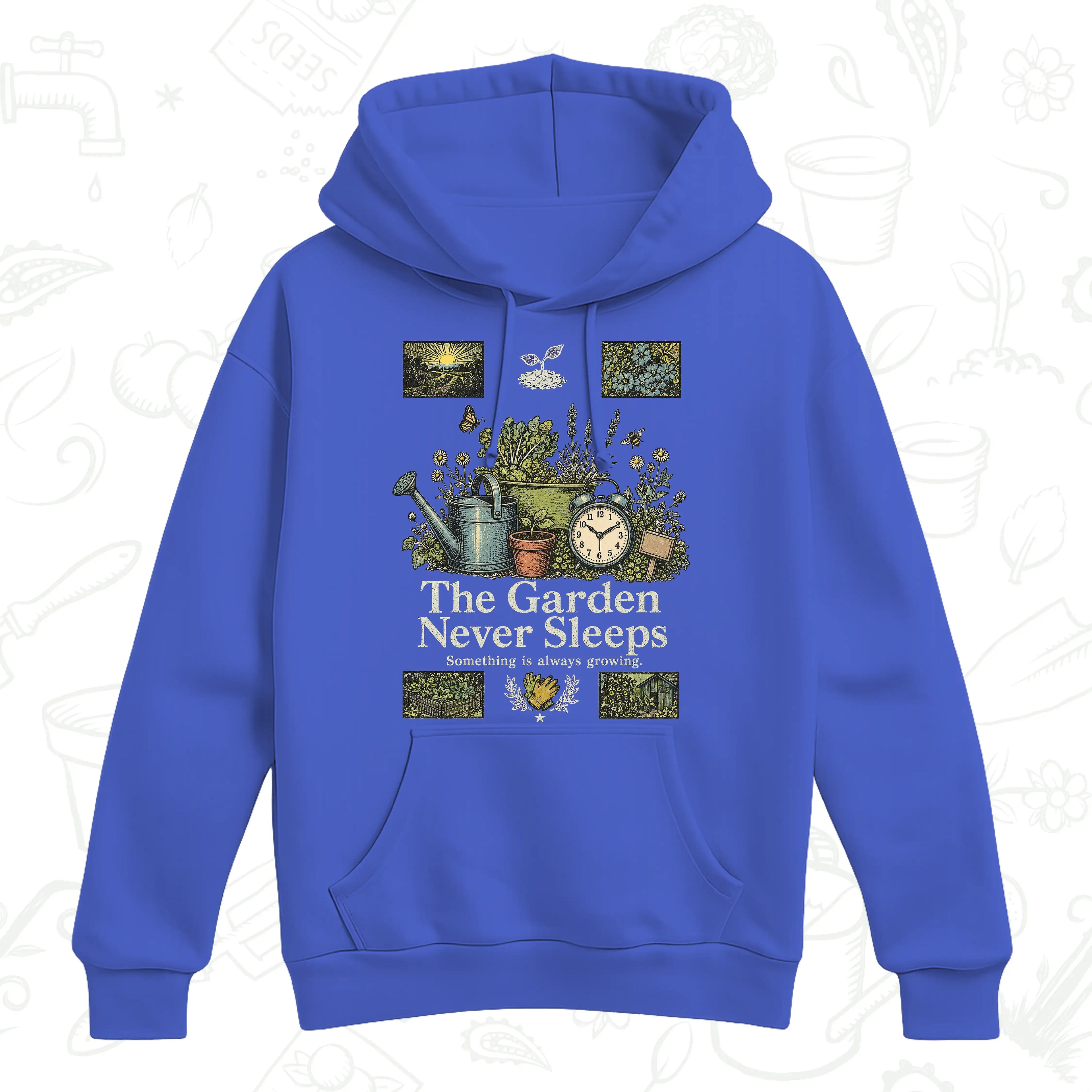 The Garden Never Sleeps Hoodie – Vintage Gardening Graphic Pullover