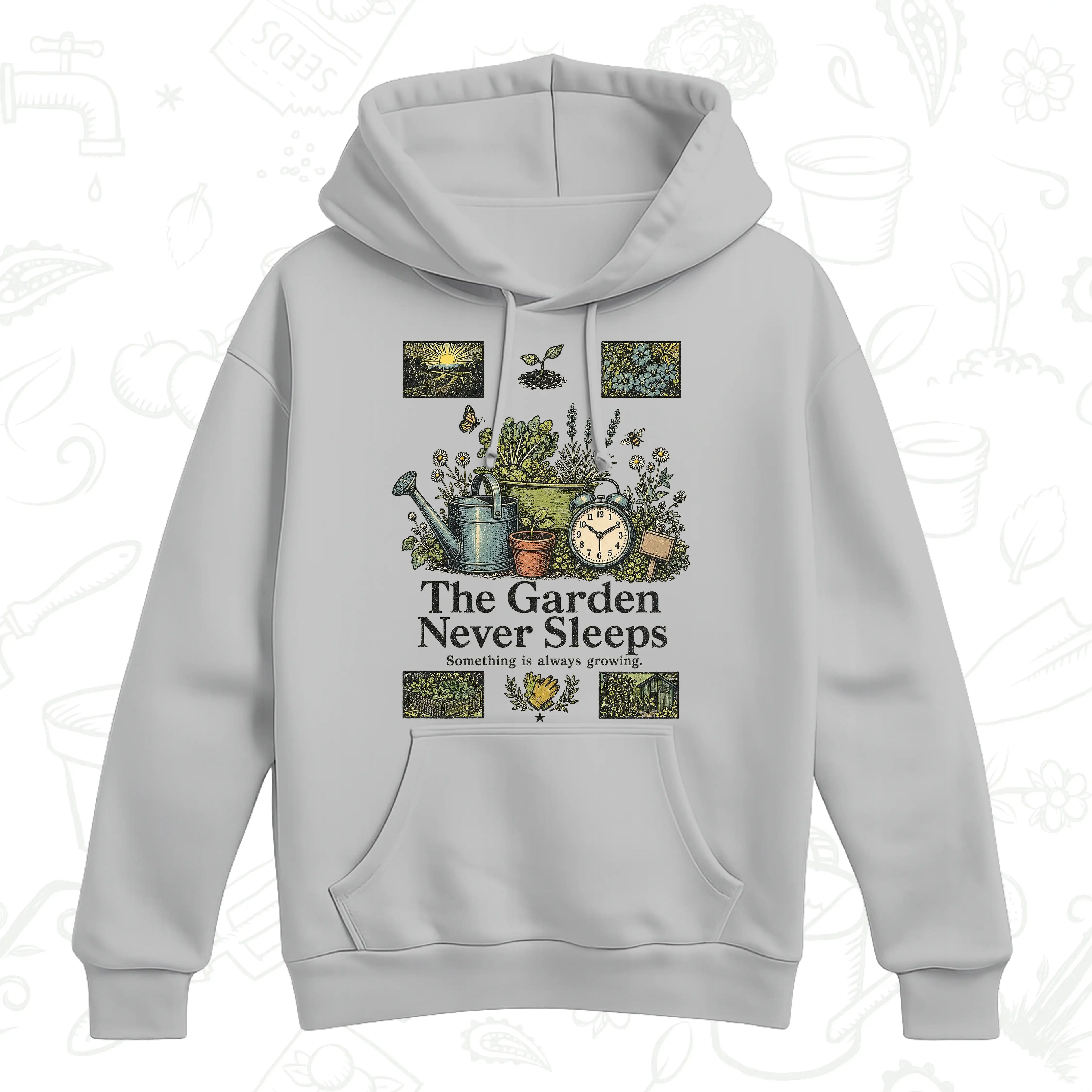 The Garden Never Sleeps Hoodie – Vintage Gardening Graphic Pullover