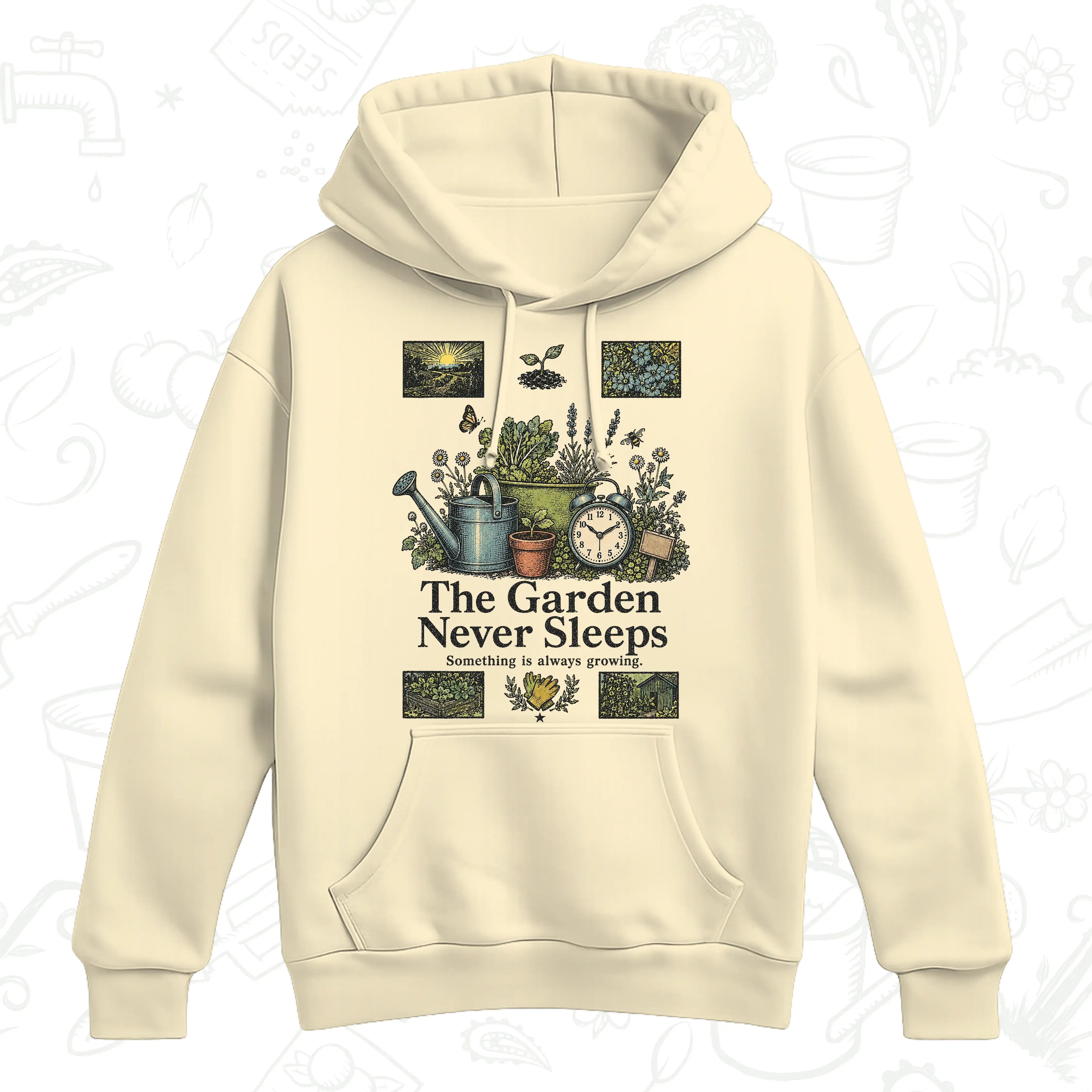The Garden Never Sleeps Hoodie – Vintage Gardening Graphic Pullover