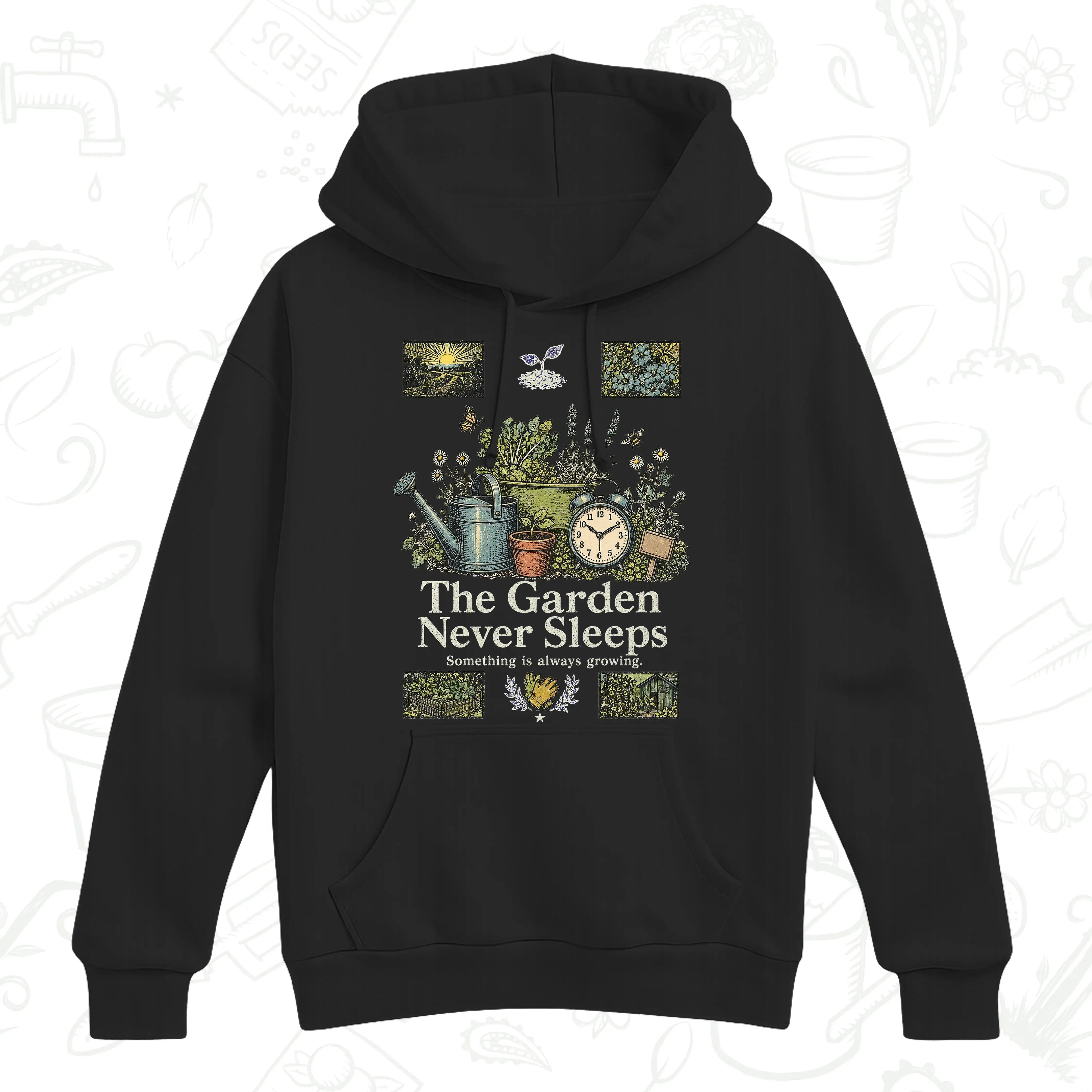 The Garden Never Sleeps Hoodie – Vintage Gardening Graphic Pullover