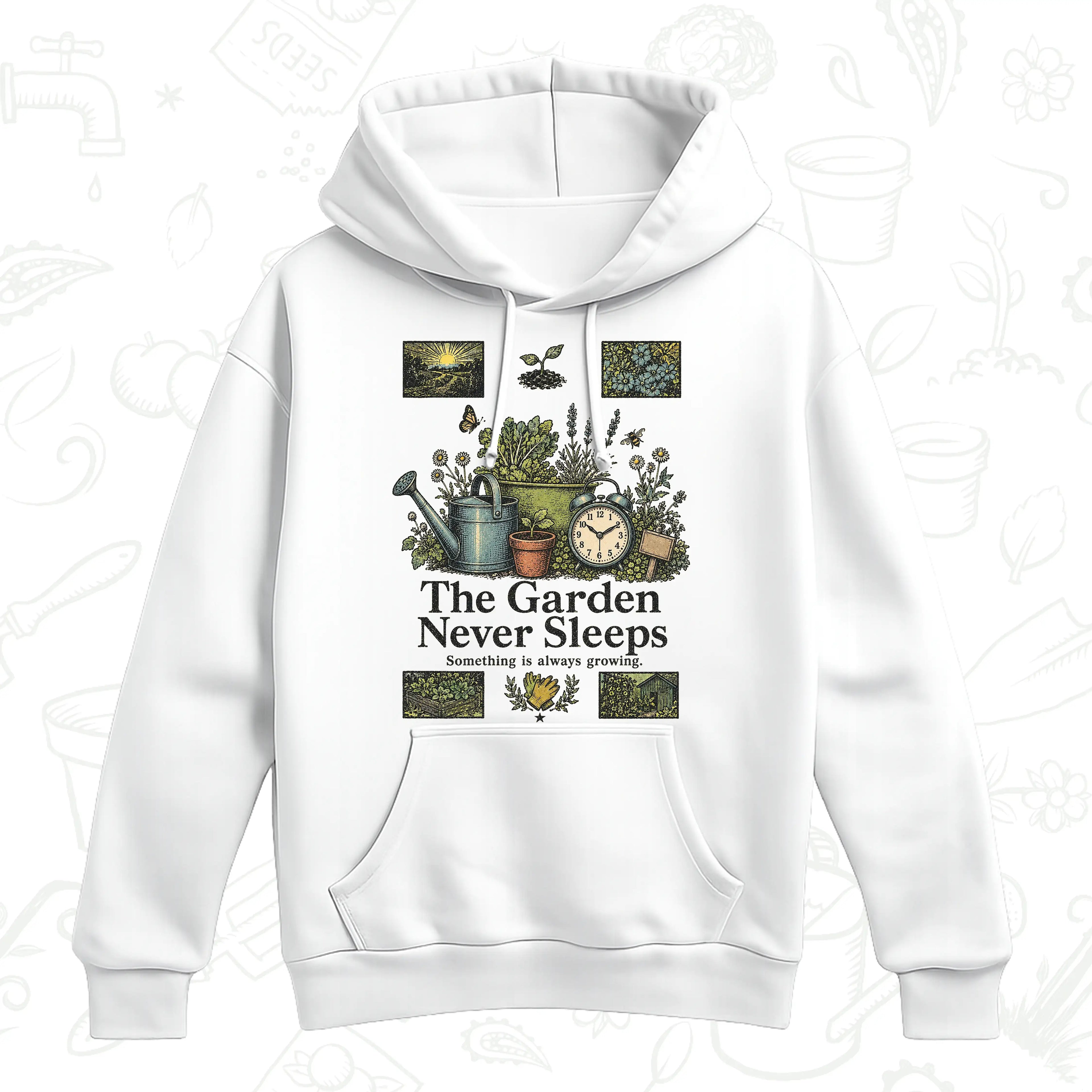 The Garden Never Sleeps Hoodie – Vintage Gardening Graphic Pullover