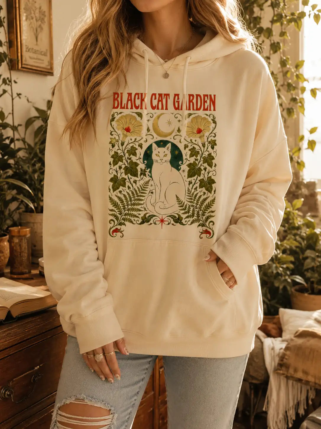 Black Cat Garden Hoodie – Gothic Botanical Cat Lover Pullover