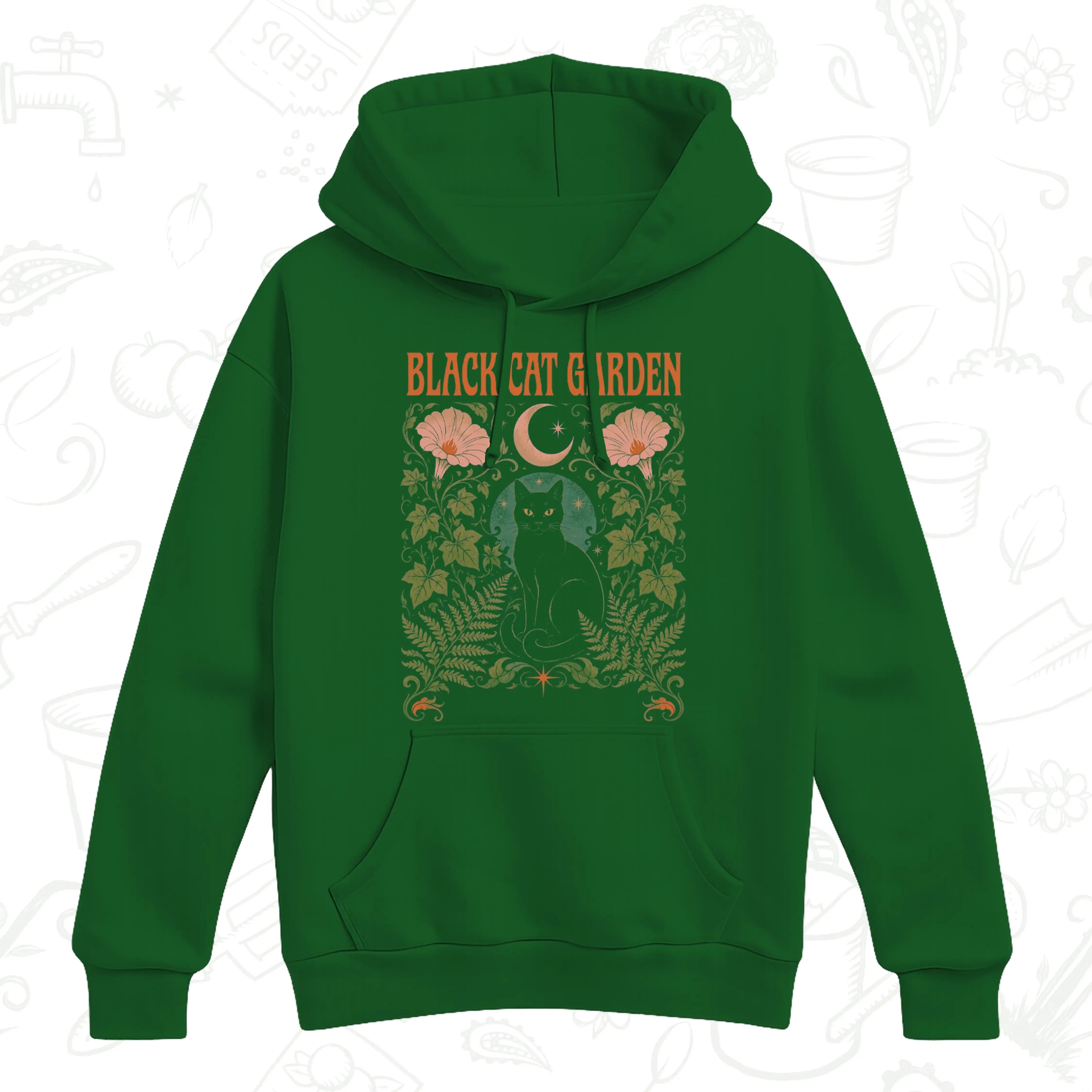 Black Cat Garden Hoodie – Gothic Botanical Cat Lover Pullover